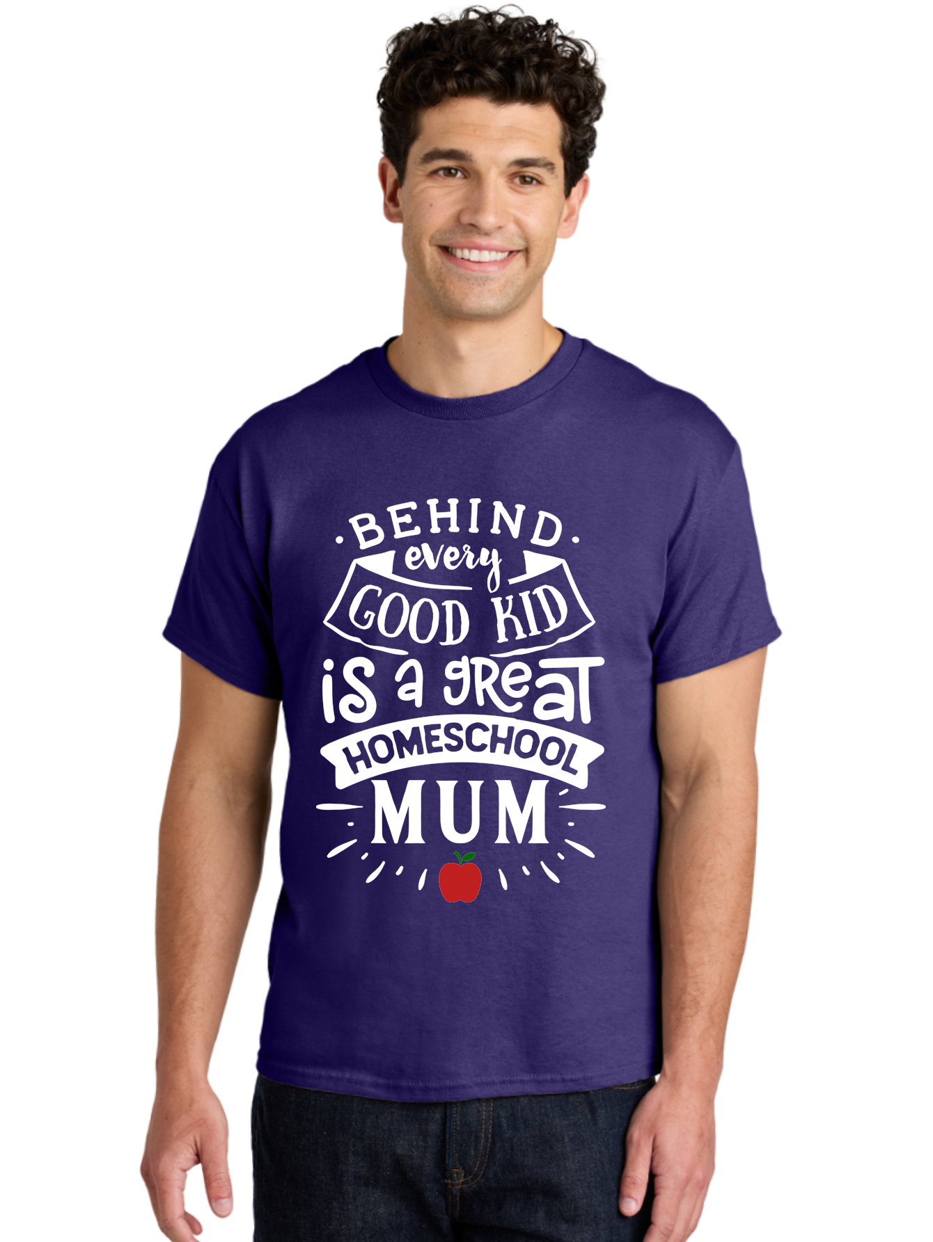 Behind-Every-Good-Kid-Is-A-Great-Homeschool-Mum-2 Men'S Graphic Tee, 100% Cotton, Comfortable Casual Summer Wear, Machine Washable, Homeschooling Mom, Proud Parent, Homeschool Quote, Apple Symbol, Educational Support, Parenting Pride, Aab317
