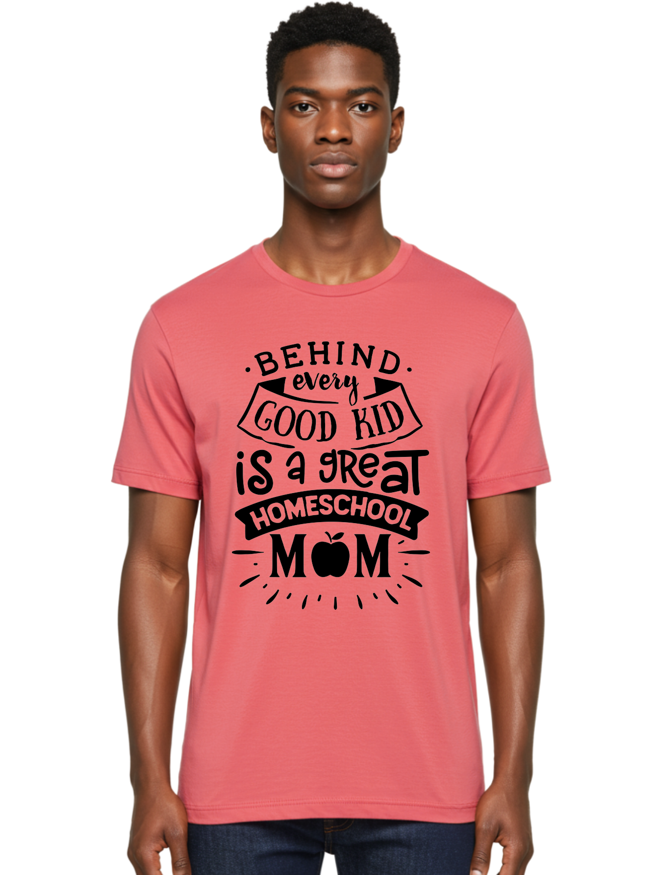 Behind-Every-Good-Kid Men'S Graphic Tee, 100% Cotton, Comfortable Casual Summer Wear, Machine Washable, Homeschool Mom Appreciation, Proud Homeschool Parent, Homeschooling Inspiration, Supportive Mom Quote, Apple Symbol Education Aab319