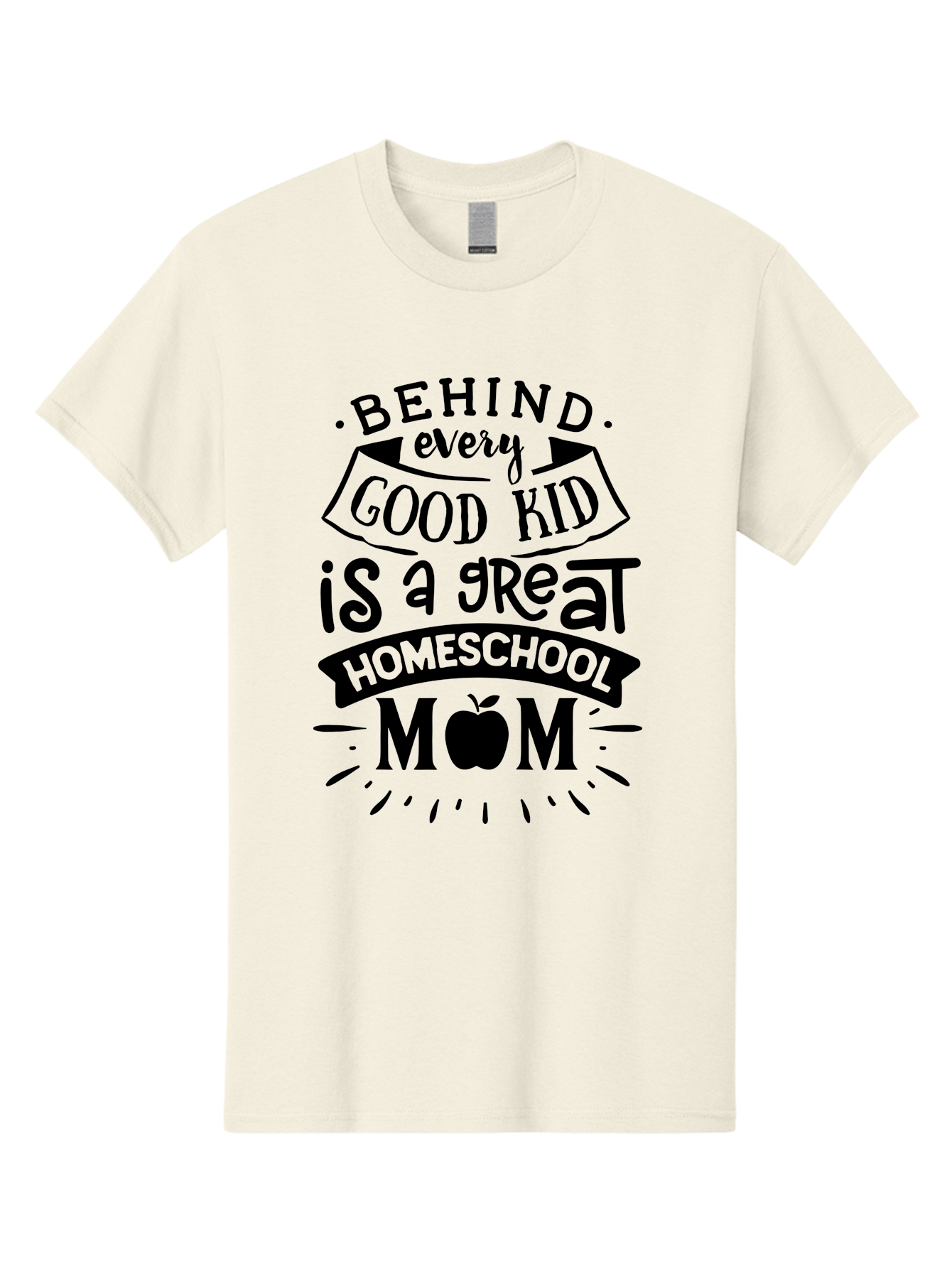 Behind-Every-Good-Kid Men'S Graphic Tee, 100% Cotton, Comfortable Casual Summer Wear, Machine Washable, Homeschool Mom Appreciation, Proud Homeschool Parent, Homeschooling Inspiration, Supportive Mom Quote, Apple Symbol Education Aab319