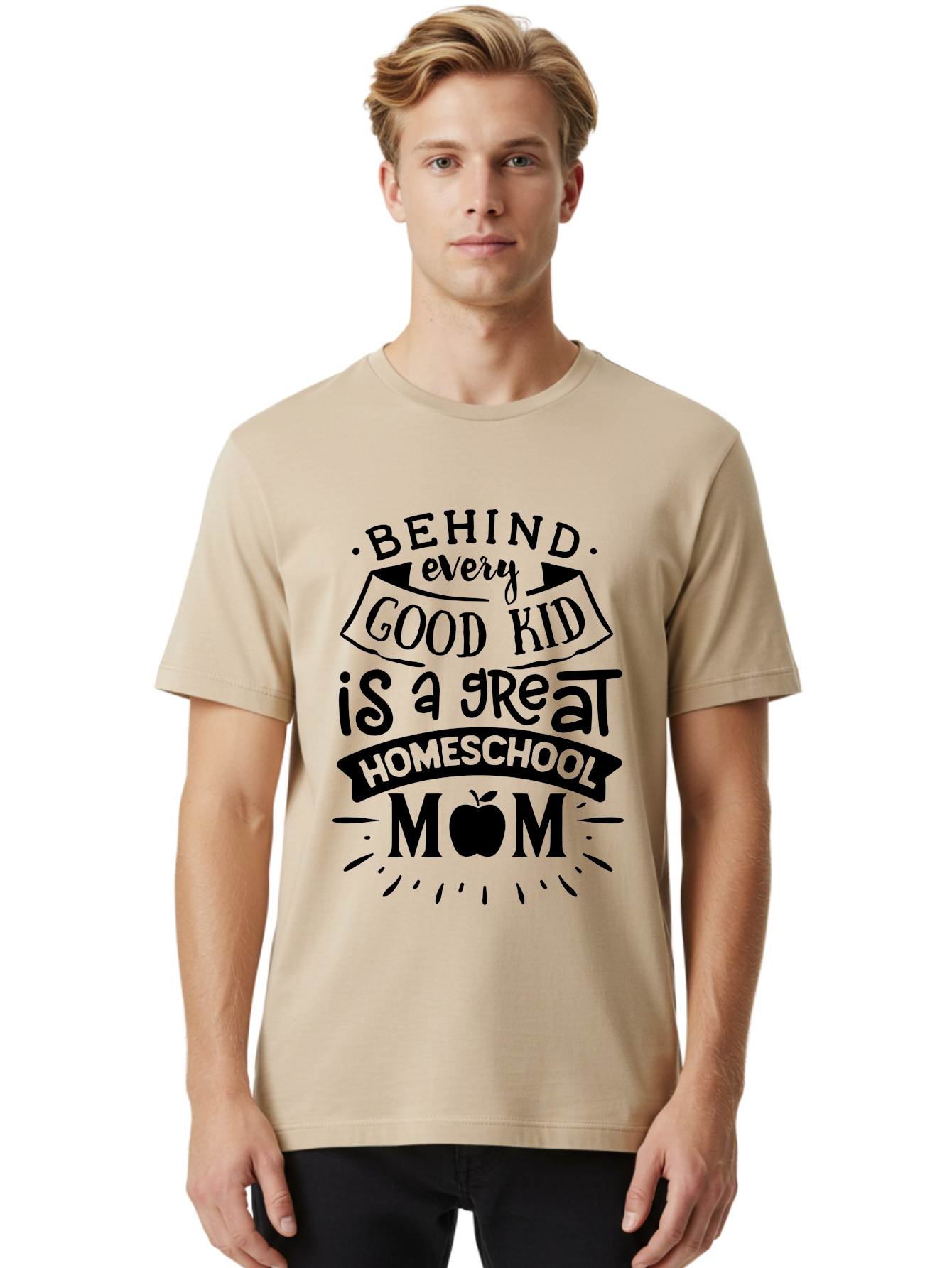 Behind-Every-Good-Kid Men'S Graphic Tee, 100% Cotton, Comfortable Casual Summer Wear, Machine Washable, Homeschool Mom Appreciation, Proud Homeschool Parent, Homeschooling Inspiration, Supportive Mom Quote, Apple Symbol Education Aab319