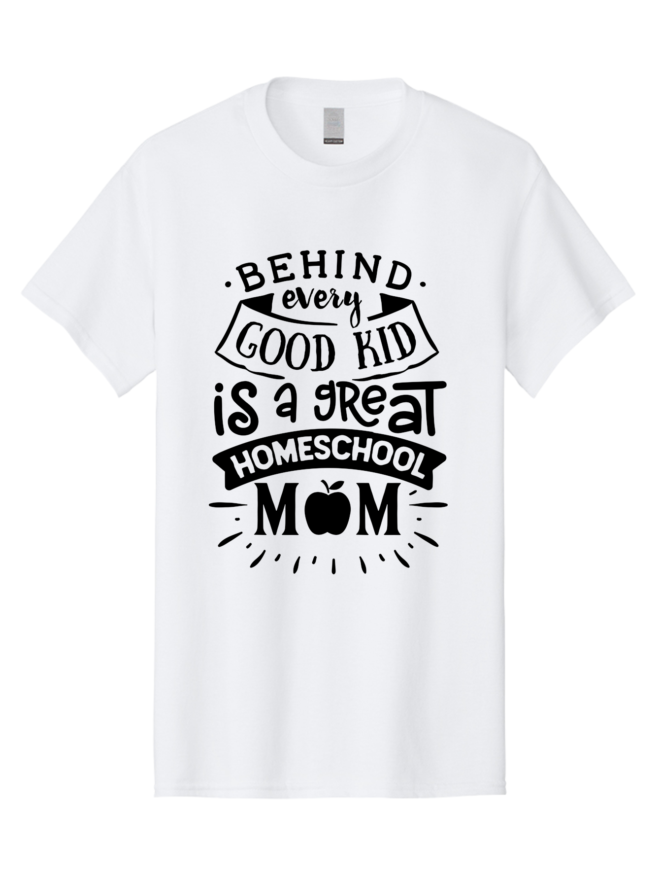 Behind-Every-Good-Kid Men'S Graphic Tee, 100% Cotton, Comfortable Casual Summer Wear, Machine Washable, Homeschool Mom Appreciation, Proud Homeschool Parent, Homeschooling Inspiration, Supportive Mom Quote, Apple Symbol Education Aab319