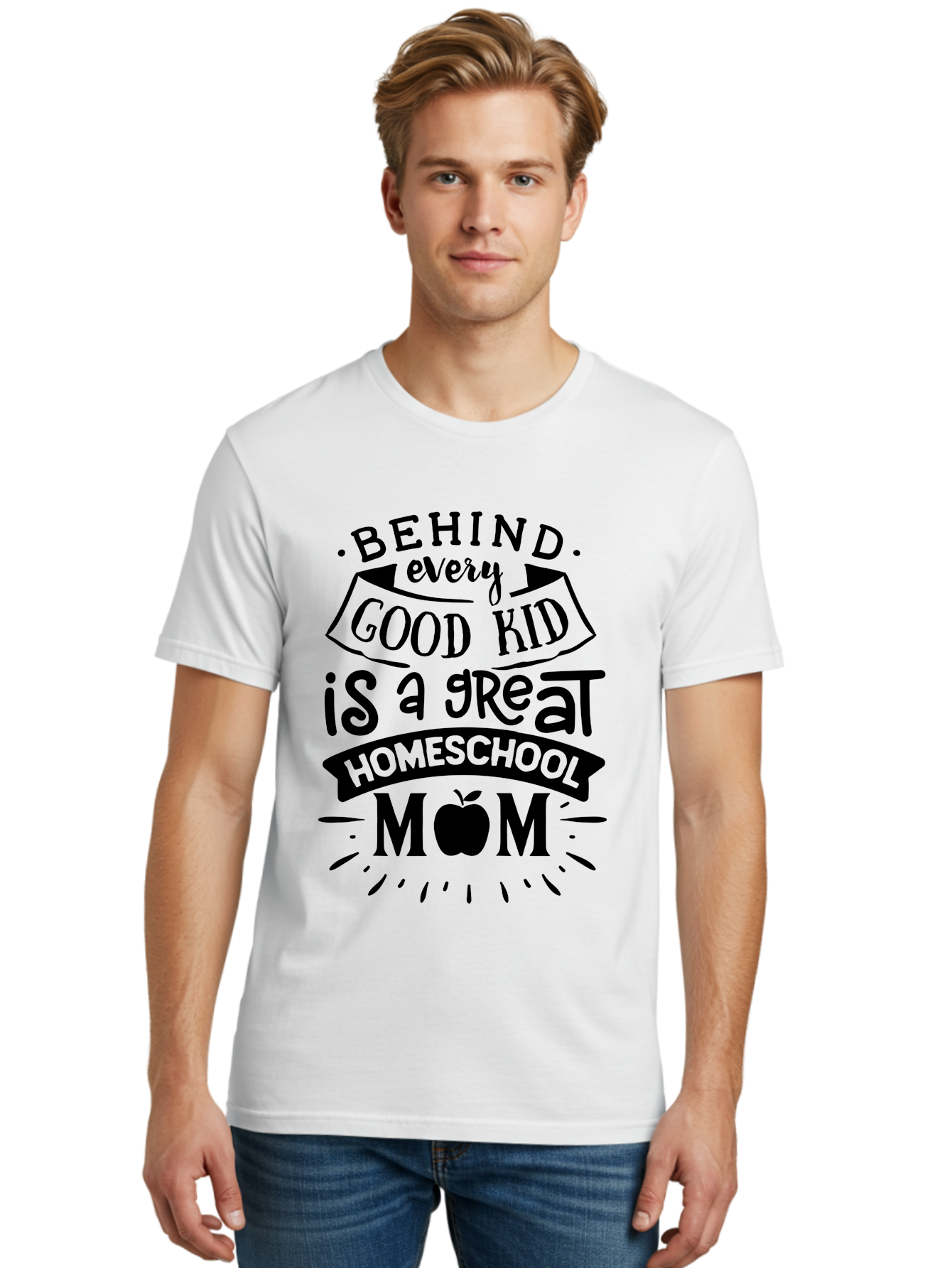 Behind-Every-Good-Kid Men'S Graphic Tee, 100% Cotton, Comfortable Casual Summer Wear, Machine Washable, Homeschool Mom Appreciation, Proud Homeschool Parent, Homeschooling Inspiration, Supportive Mom Quote, Apple Symbol Education Aab319