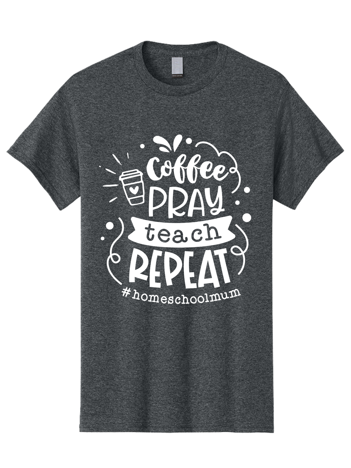 Coffee-Pray-Teach-Repeat-1 Men'S Graphic Tee, 100% Cotton, Comfortable Casual Summer Wear, Machine Washable, Coffee, Pray, Teach, Repeat, Homeschool Mum, Inspirational Quotes, Motivational Phrases, Coffee Cup, Heart Symbol, Modern Typography, Aab326