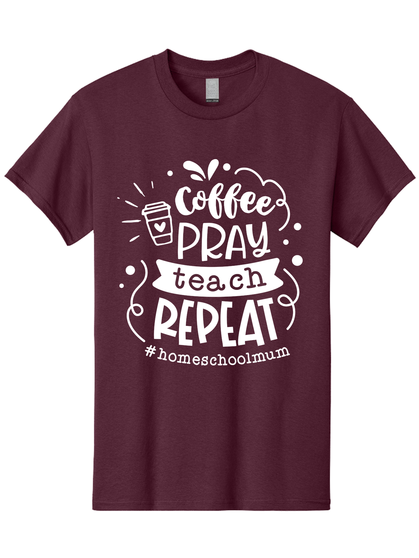Coffee-Pray-Teach-Repeat-1 Men'S Graphic Tee, 100% Cotton, Comfortable Casual Summer Wear, Machine Washable, Coffee, Pray, Teach, Repeat, Homeschool Mum, Inspirational Quotes, Motivational Phrases, Coffee Cup, Heart Symbol, Modern Typography, Aab326