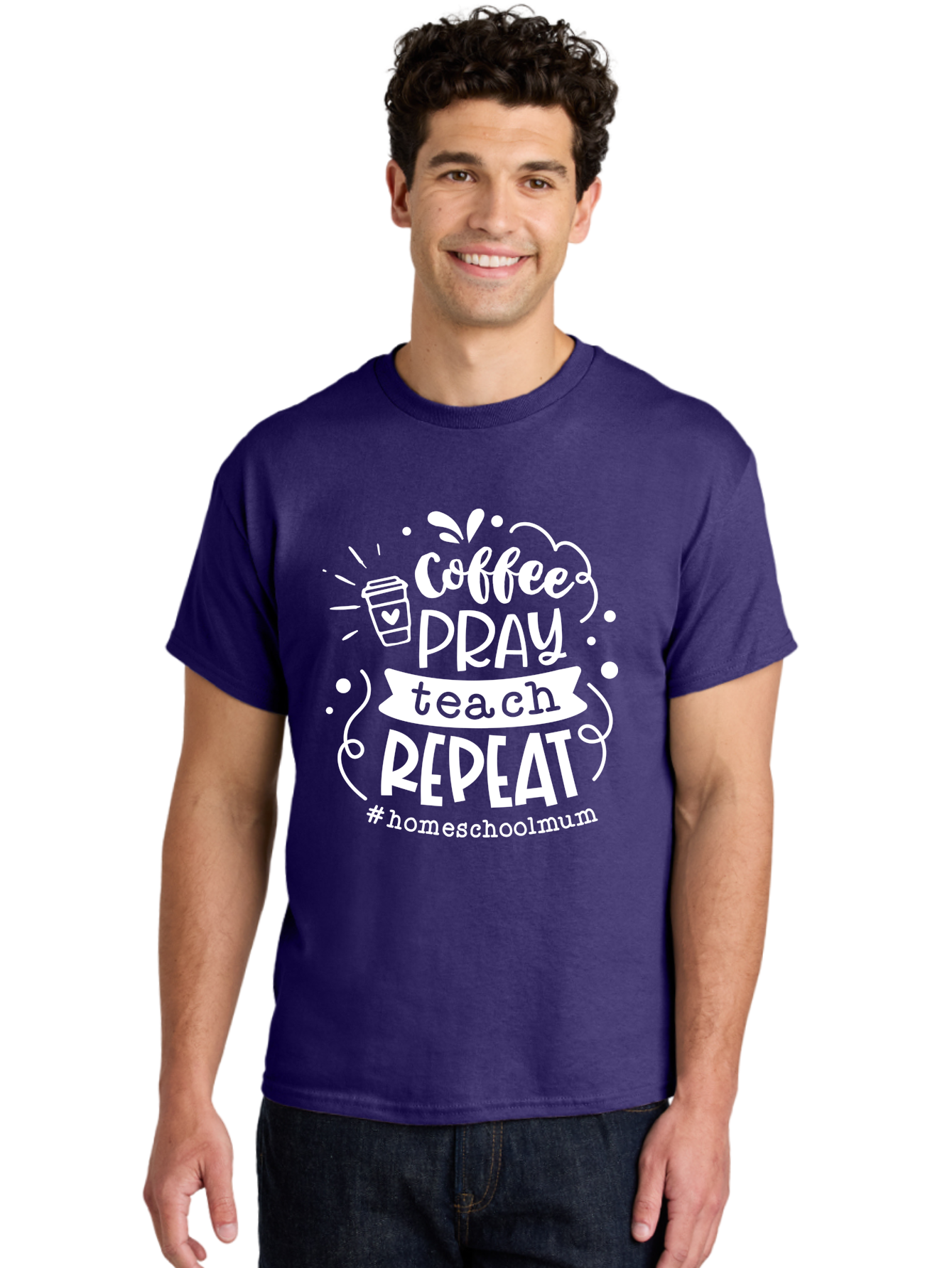 Coffee-Pray-Teach-Repeat-1 Men'S Graphic Tee, 100% Cotton, Comfortable Casual Summer Wear, Machine Washable, Coffee, Pray, Teach, Repeat, Homeschool Mum, Inspirational Quotes, Motivational Phrases, Coffee Cup, Heart Symbol, Modern Typography, Aab326