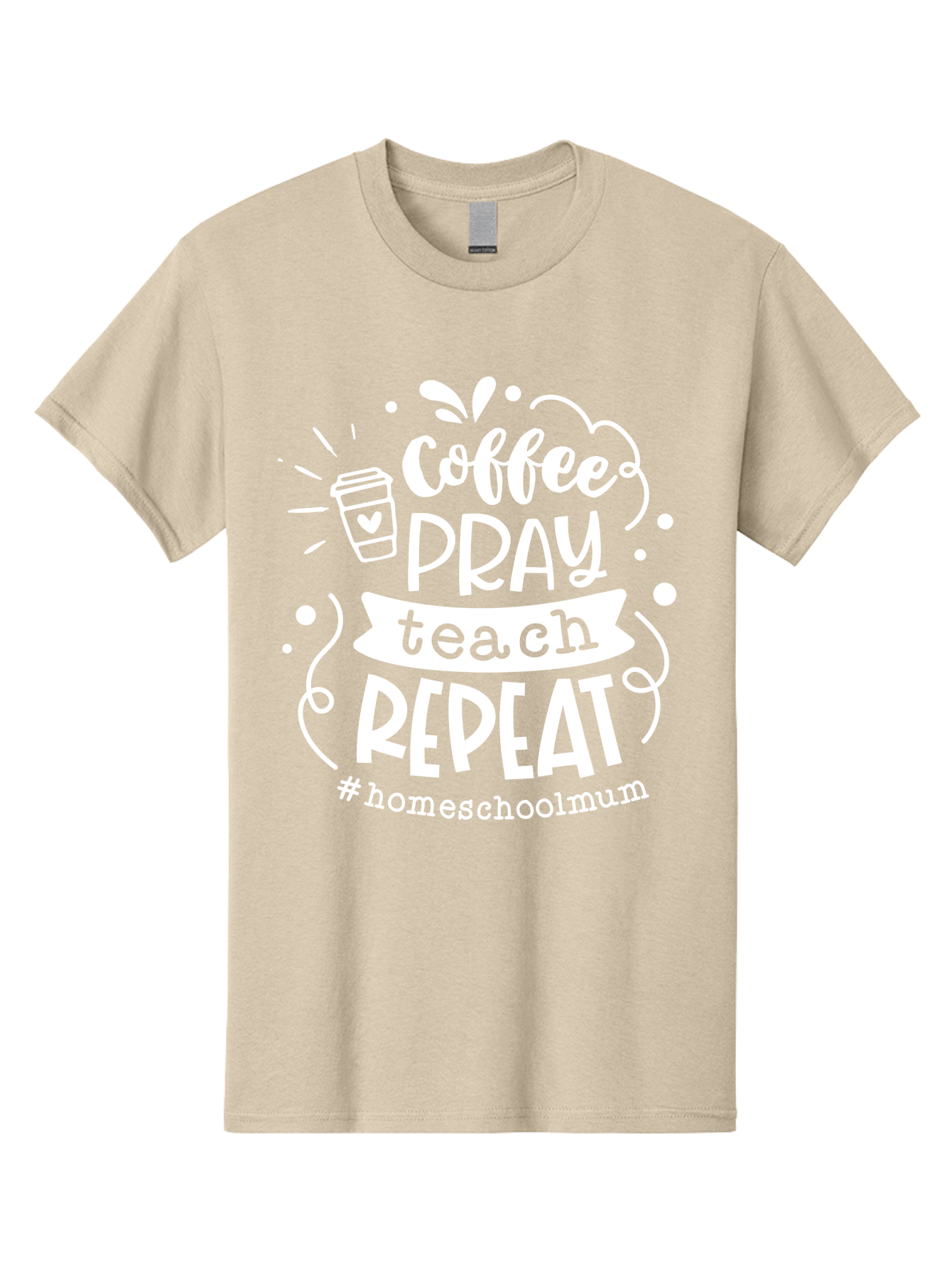 Coffee-Pray-Teach-Repeat-1 Men'S Graphic Tee, 100% Cotton, Comfortable Casual Summer Wear, Machine Washable, Coffee, Pray, Teach, Repeat, Homeschool Mum, Inspirational Quotes, Motivational Phrases, Coffee Cup, Heart Symbol, Modern Typography, Aab326