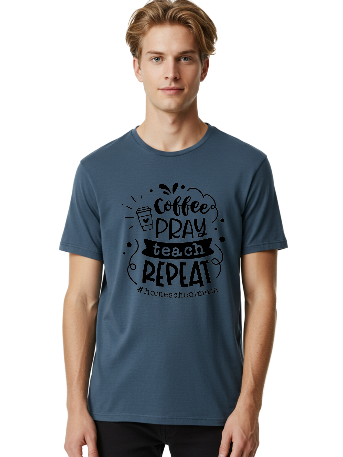 Coffee-Pray-Teach-Repeat-2 Men'S Graphic Tee, 100% Cotton, Comfortable Casual Summer Wear, Machine Washable, Homeschool Mom, Inspirational Quote, Coffee Lover, Teaching Quote, Homeschooling, Parenting, Motivational Phrase, Coffee Cup Aab327