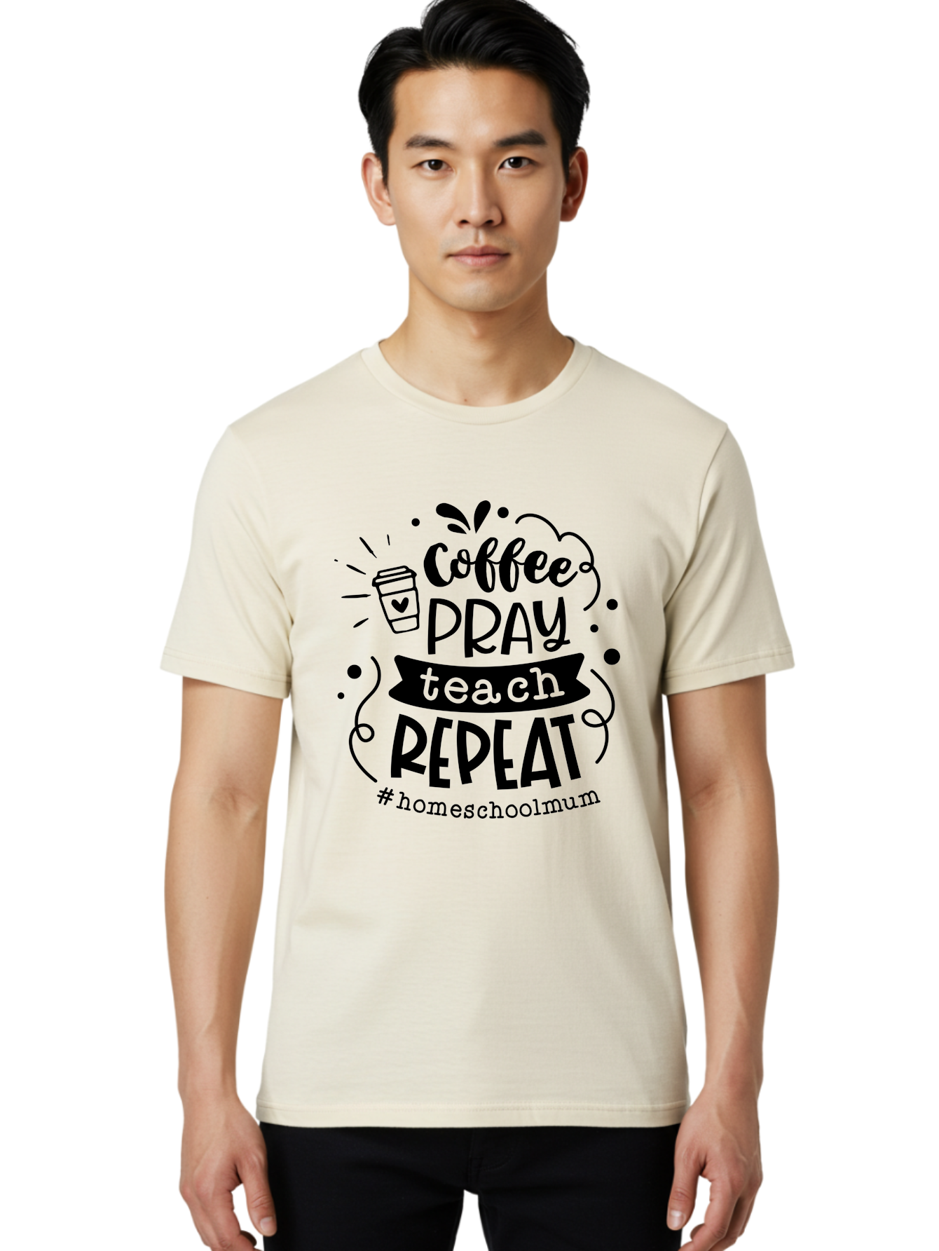 Coffee-Pray-Teach-Repeat-2 Men'S Graphic Tee, 100% Cotton, Comfortable Casual Summer Wear, Machine Washable, Homeschool Mom, Inspirational Quote, Coffee Lover, Teaching Quote, Homeschooling, Parenting, Motivational Phrase, Coffee Cup Aab327