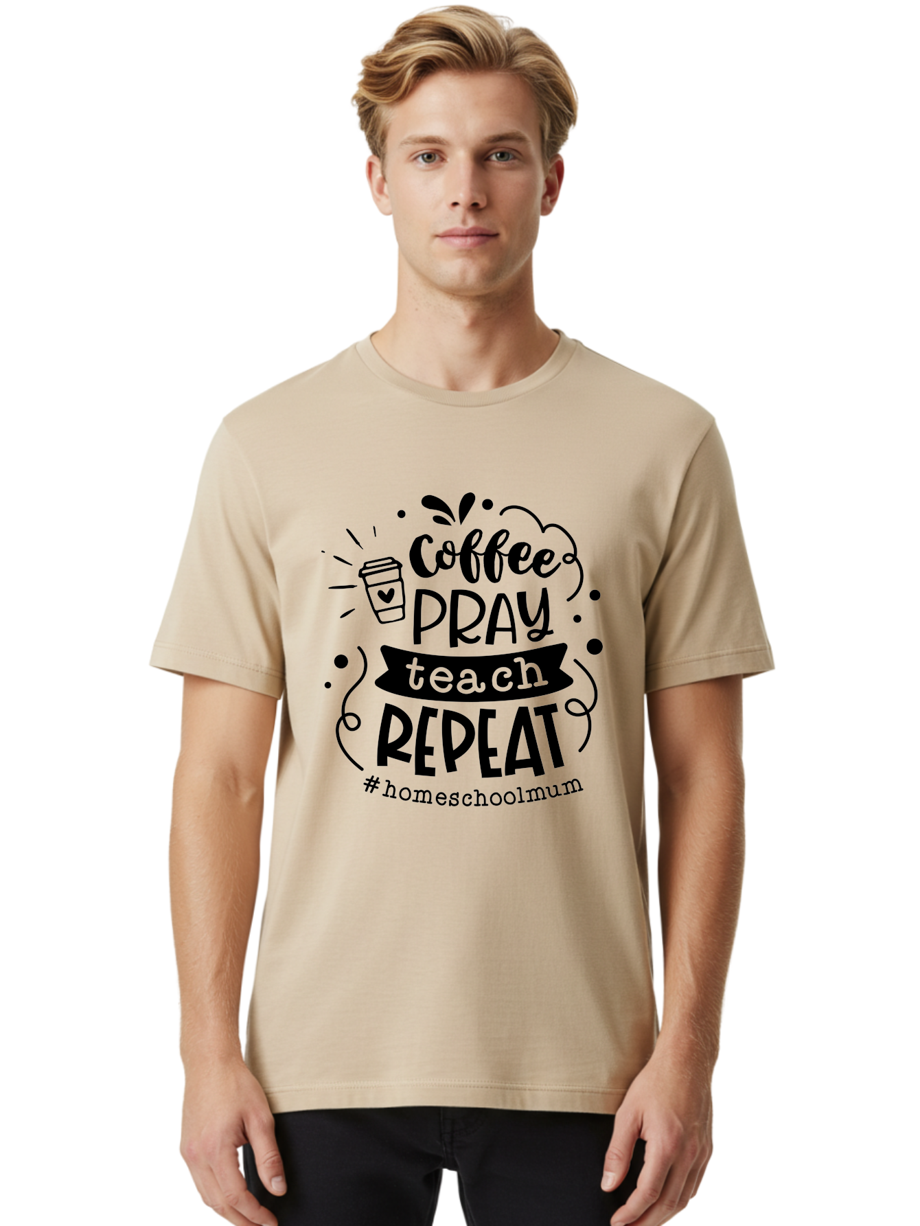 Coffee-Pray-Teach-Repeat-2 Men'S Graphic Tee, 100% Cotton, Comfortable Casual Summer Wear, Machine Washable, Homeschool Mom, Inspirational Quote, Coffee Lover, Teaching Quote, Homeschooling, Parenting, Motivational Phrase, Coffee Cup Aab327