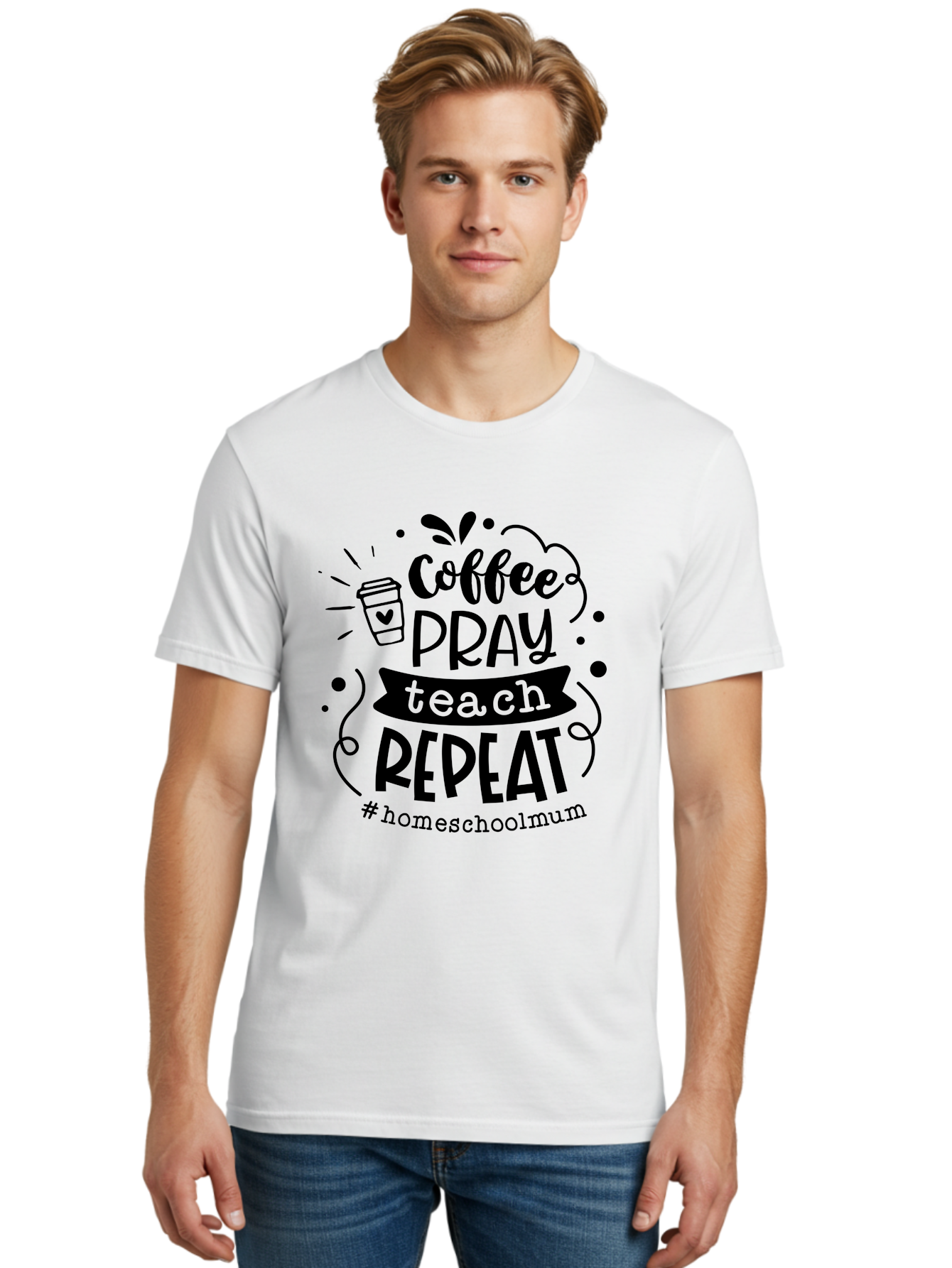 Coffee-Pray-Teach-Repeat-2 Men'S Graphic Tee, 100% Cotton, Comfortable Casual Summer Wear, Machine Washable, Homeschool Mom, Inspirational Quote, Coffee Lover, Teaching Quote, Homeschooling, Parenting, Motivational Phrase, Coffee Cup Aab327