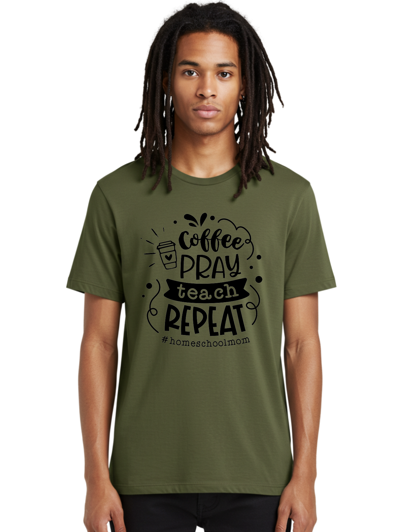 Coffee-Pray-Teach-Repeat-3 Men'S Graphic Tee, 100% Cotton, Comfortable Casual Summer Wear, Machine Washable, Homeschool Mom Quote, Inspirational Quote, Teacher Humor, Coffee Lover, Teaching Mantra, Homeschooling, Education, Motivational Quote, Aab328