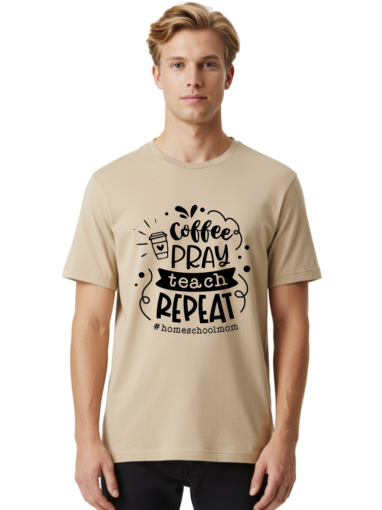 Coffee-Pray-Teach-Repeat-3 Men'S Graphic Tee, 100% Cotton, Comfortable Casual Summer Wear, Machine Washable, Homeschool Mom Quote, Inspirational Quote, Teacher Humor, Coffee Lover, Teaching Mantra, Homeschooling, Education, Motivational Quote, Aab328