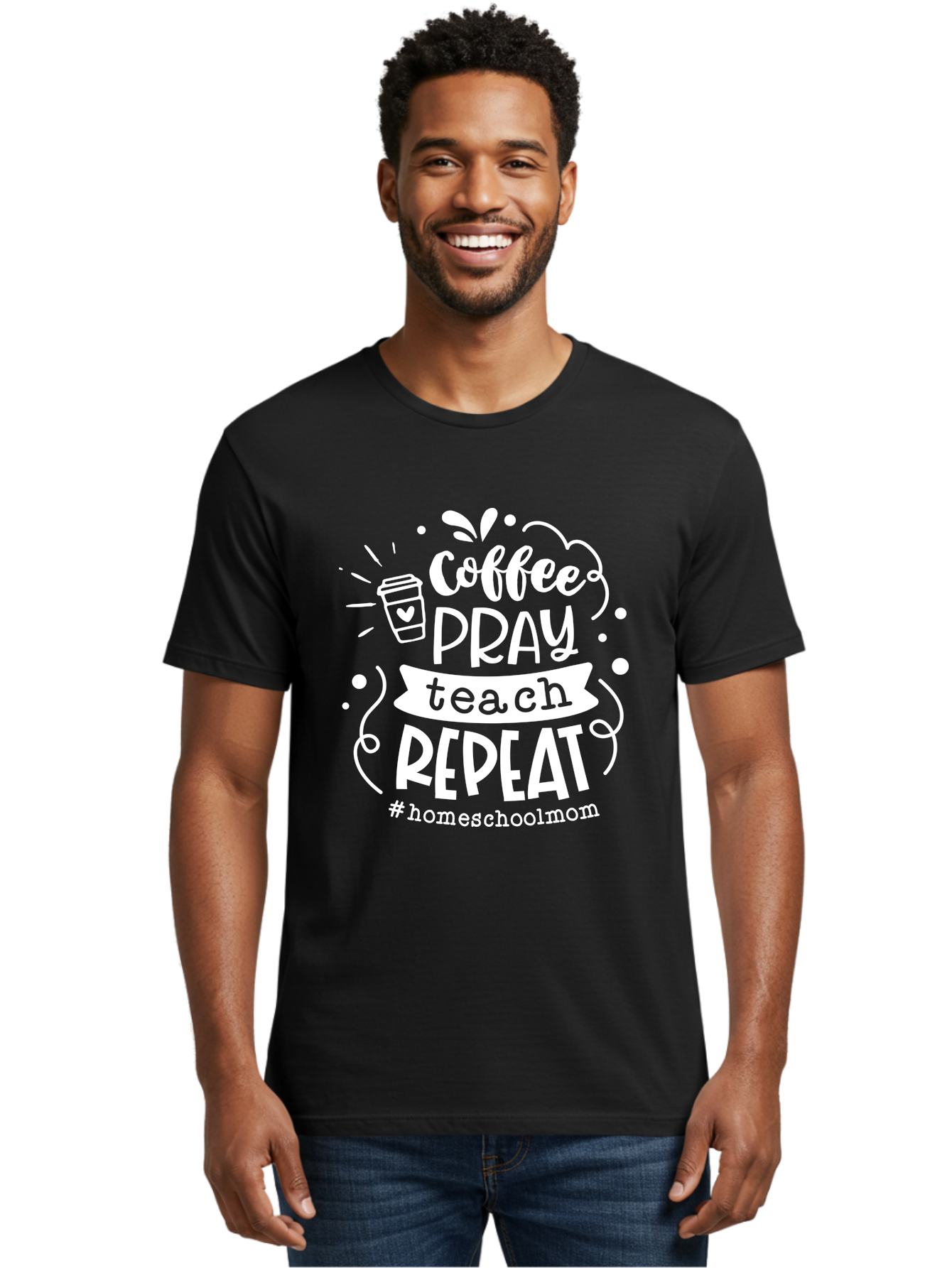 Coffee-Pray-Teach-Repeat Men'S Graphic Tee, 100% Cotton, Comfortable Casual Summer Wear, Machine Washable, Homeschool Mom, Coffee Lover, Teaching Inspiration, Homeschooling Life, Parenting Mantra, Daily Routine, Motivational Quote, Aab329