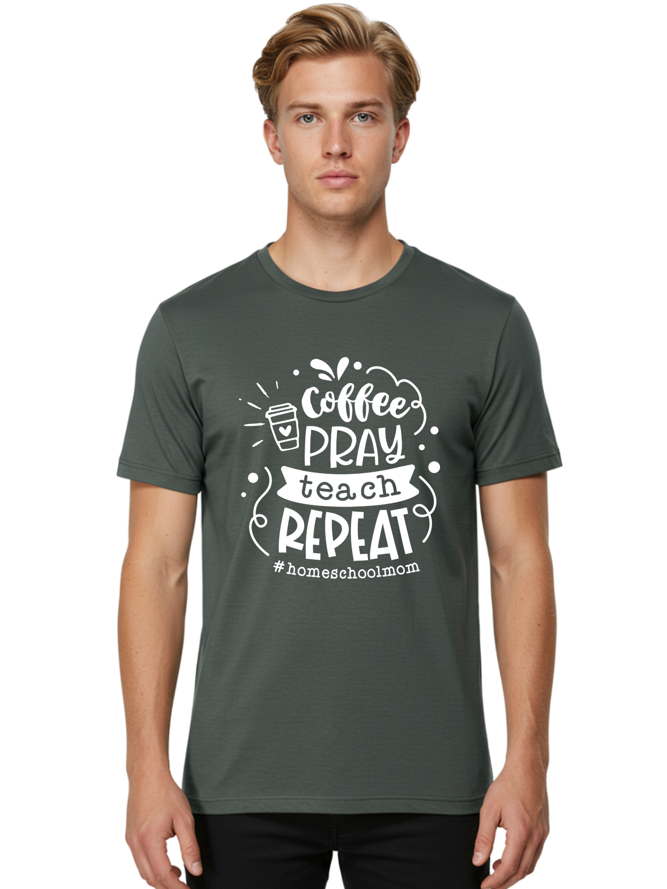 Coffee-Pray-Teach-Repeat Men'S Graphic Tee, 100% Cotton, Comfortable Casual Summer Wear, Machine Washable, Homeschool Mom, Coffee Lover, Teaching Inspiration, Homeschooling Life, Parenting Mantra, Daily Routine, Motivational Quote, Aab329