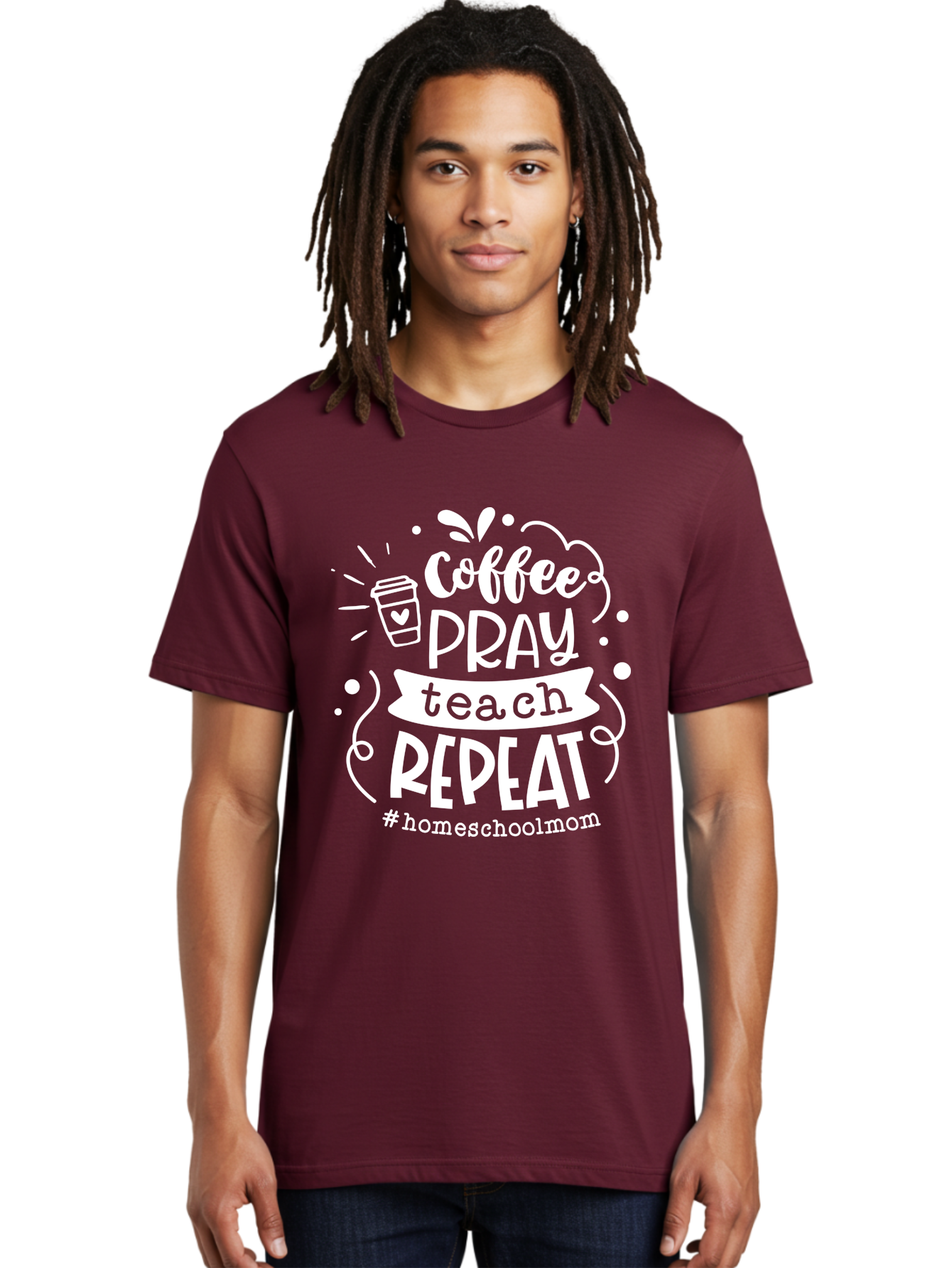 Coffee-Pray-Teach-Repeat Men'S Graphic Tee, 100% Cotton, Comfortable Casual Summer Wear, Machine Washable, Homeschool Mom, Coffee Lover, Teaching Inspiration, Homeschooling Life, Parenting Mantra, Daily Routine, Motivational Quote, Aab329