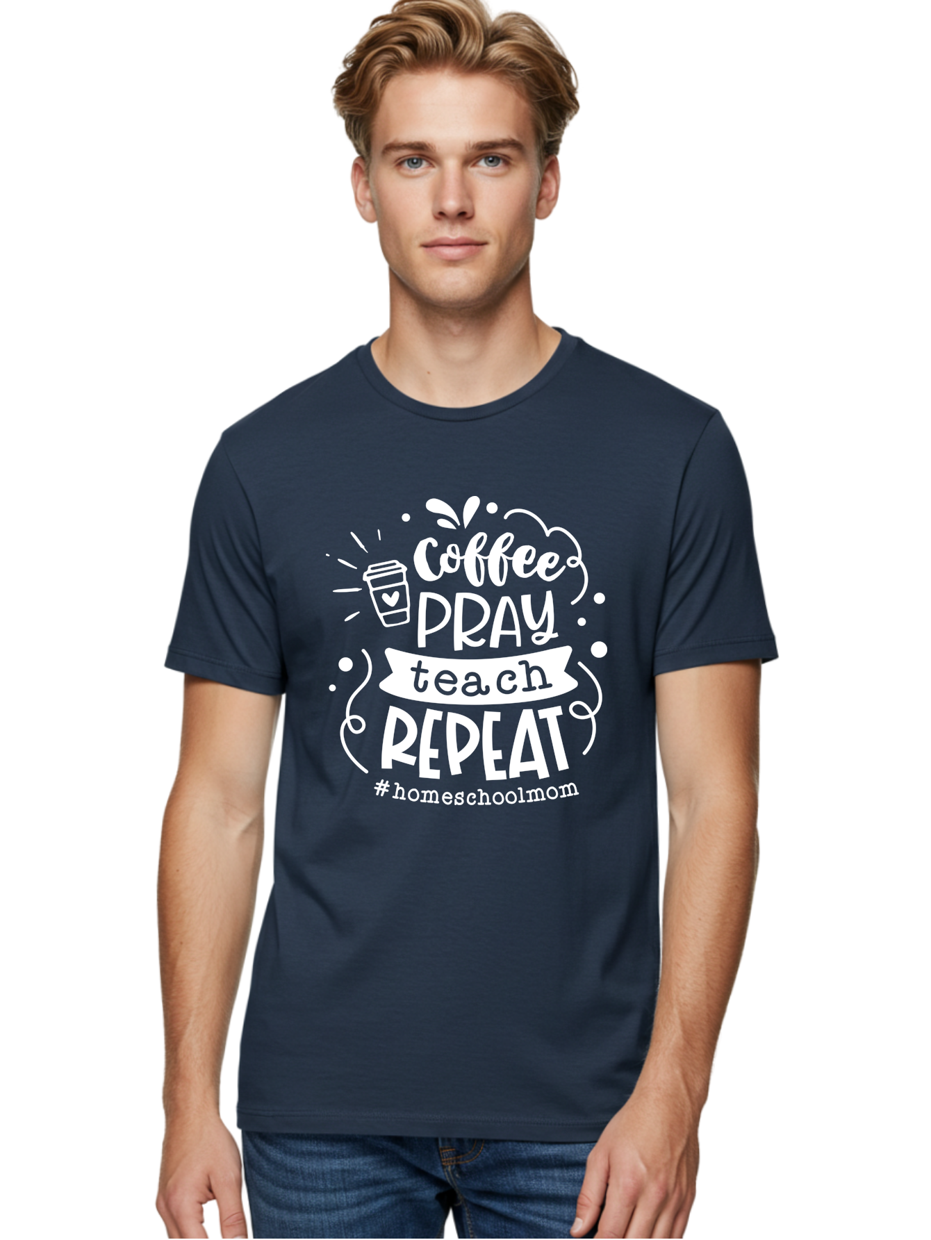 Coffee-Pray-Teach-Repeat Men'S Graphic Tee, 100% Cotton, Comfortable Casual Summer Wear, Machine Washable, Homeschool Mom, Coffee Lover, Teaching Inspiration, Homeschooling Life, Parenting Mantra, Daily Routine, Motivational Quote, Aab329