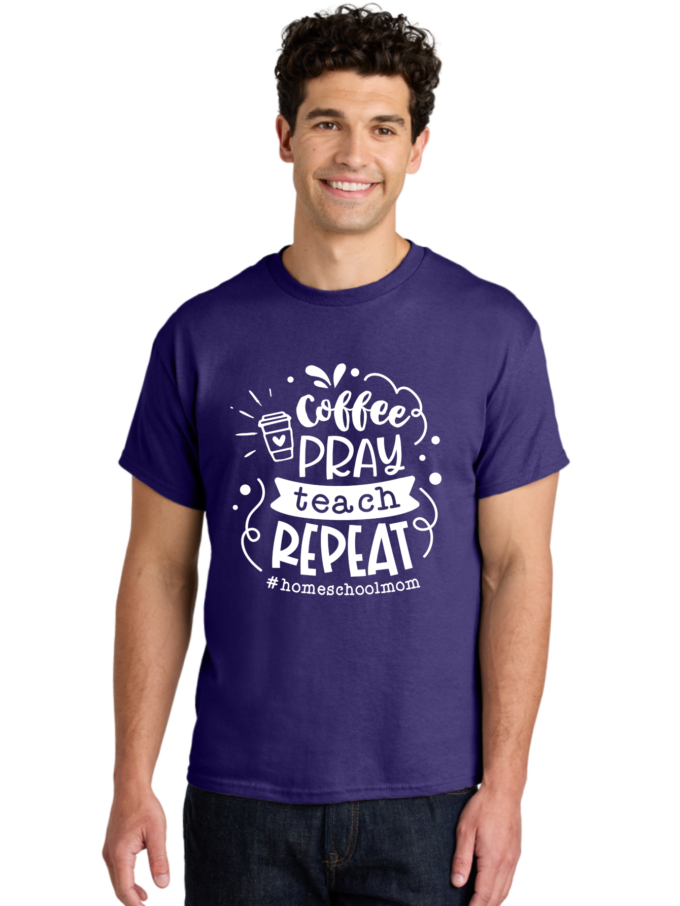 Coffee-Pray-Teach-Repeat Men'S Graphic Tee, 100% Cotton, Comfortable Casual Summer Wear, Machine Washable, Homeschool Mom, Coffee Lover, Teaching Inspiration, Homeschooling Life, Parenting Mantra, Daily Routine, Motivational Quote, Aab329