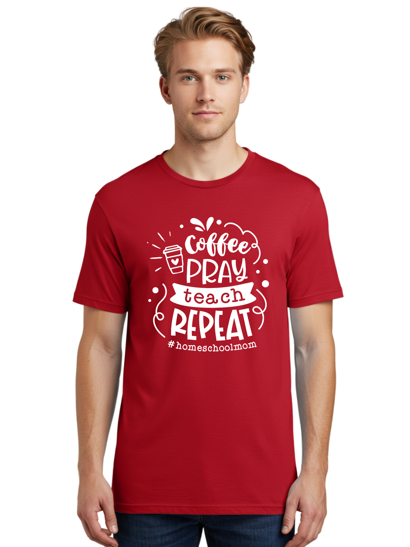 Coffee-Pray-Teach-Repeat Men'S Graphic Tee, 100% Cotton, Comfortable Casual Summer Wear, Machine Washable, Homeschool Mom, Coffee Lover, Teaching Inspiration, Homeschooling Life, Parenting Mantra, Daily Routine, Motivational Quote, Aab329