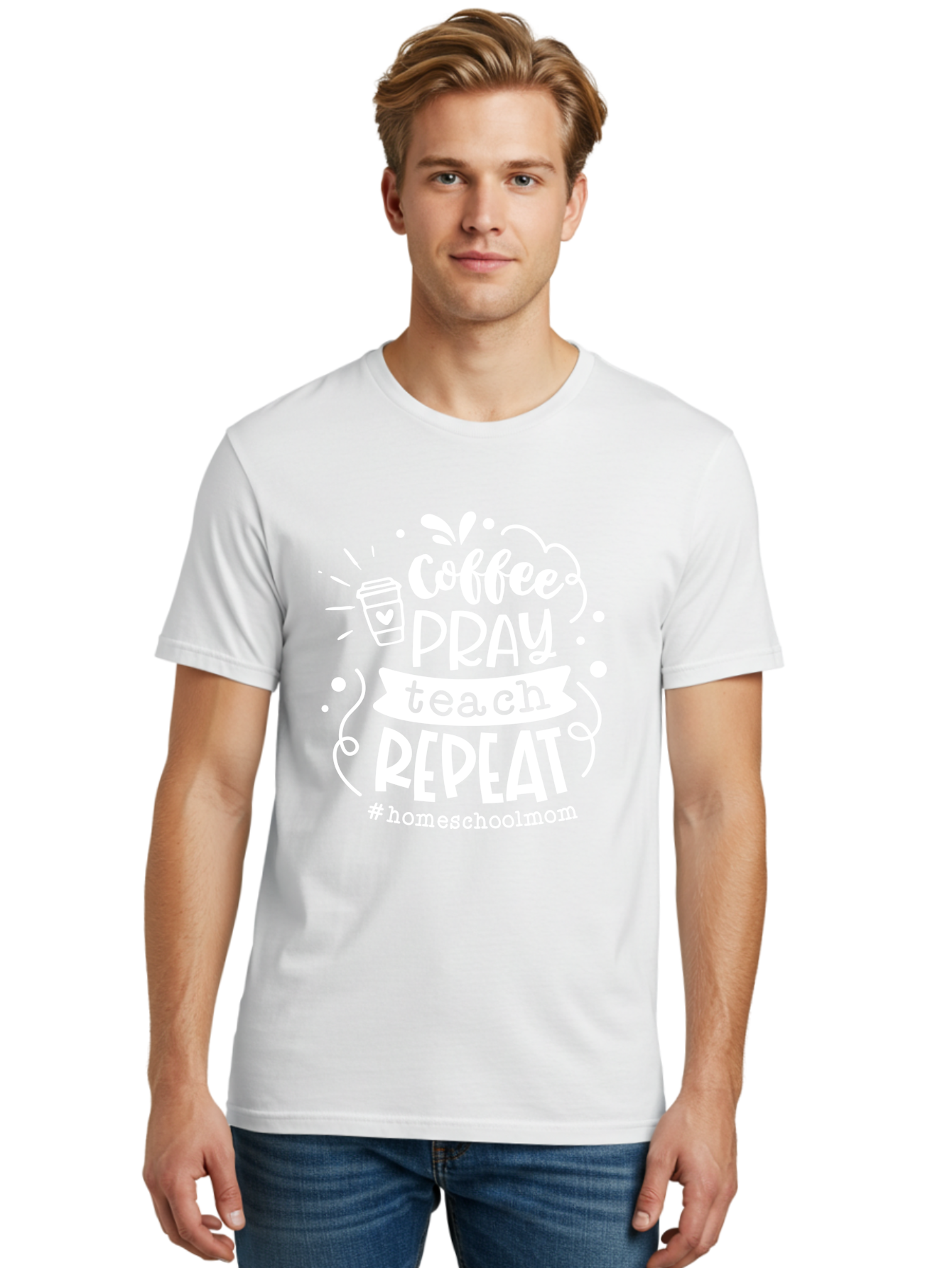 Coffee-Pray-Teach-Repeat Men'S Graphic Tee, 100% Cotton, Comfortable Casual Summer Wear, Machine Washable, Homeschool Mom, Coffee Lover, Teaching Inspiration, Homeschooling Life, Parenting Mantra, Daily Routine, Motivational Quote, Aab329