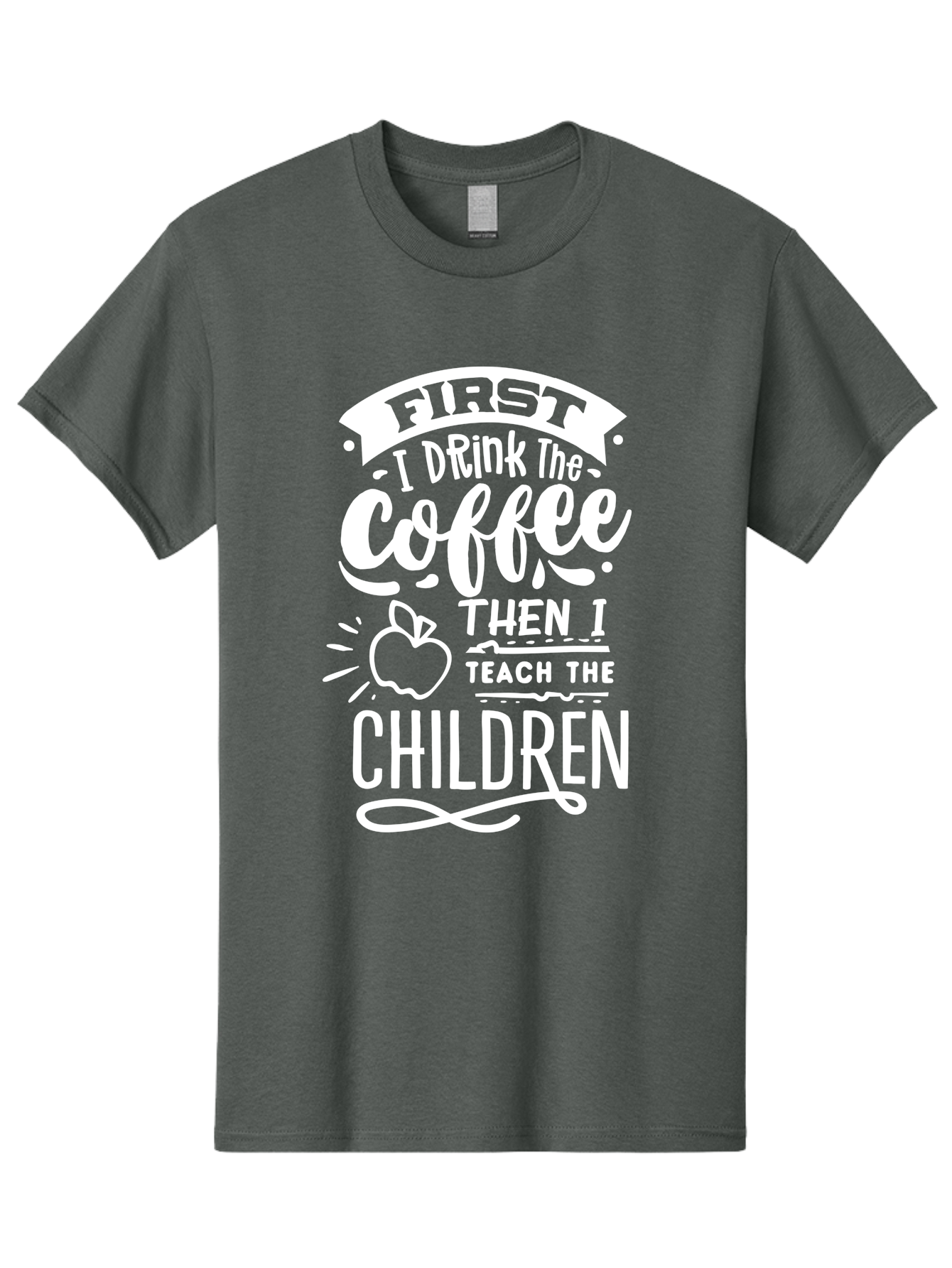 First-I-Drink-Coffee-Then-I-Teach-Children Men'S Graphic Tee, 100% Cotton, Comfortable Casual Summer Wear, Machine Washable, Funny Teacher Quotes, Coffee Lover, Teaching Humor, Education Profession, Morning Motivation, Apple Illustration, Aab330