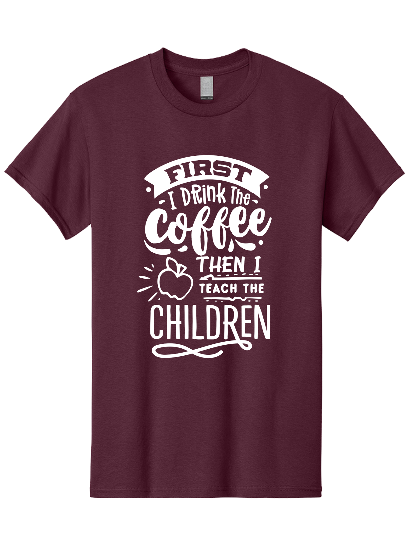 First-I-Drink-Coffee-Then-I-Teach-Children Men'S Graphic Tee, 100% Cotton, Comfortable Casual Summer Wear, Machine Washable, Funny Teacher Quotes, Coffee Lover, Teaching Humor, Education Profession, Morning Motivation, Apple Illustration, Aab330