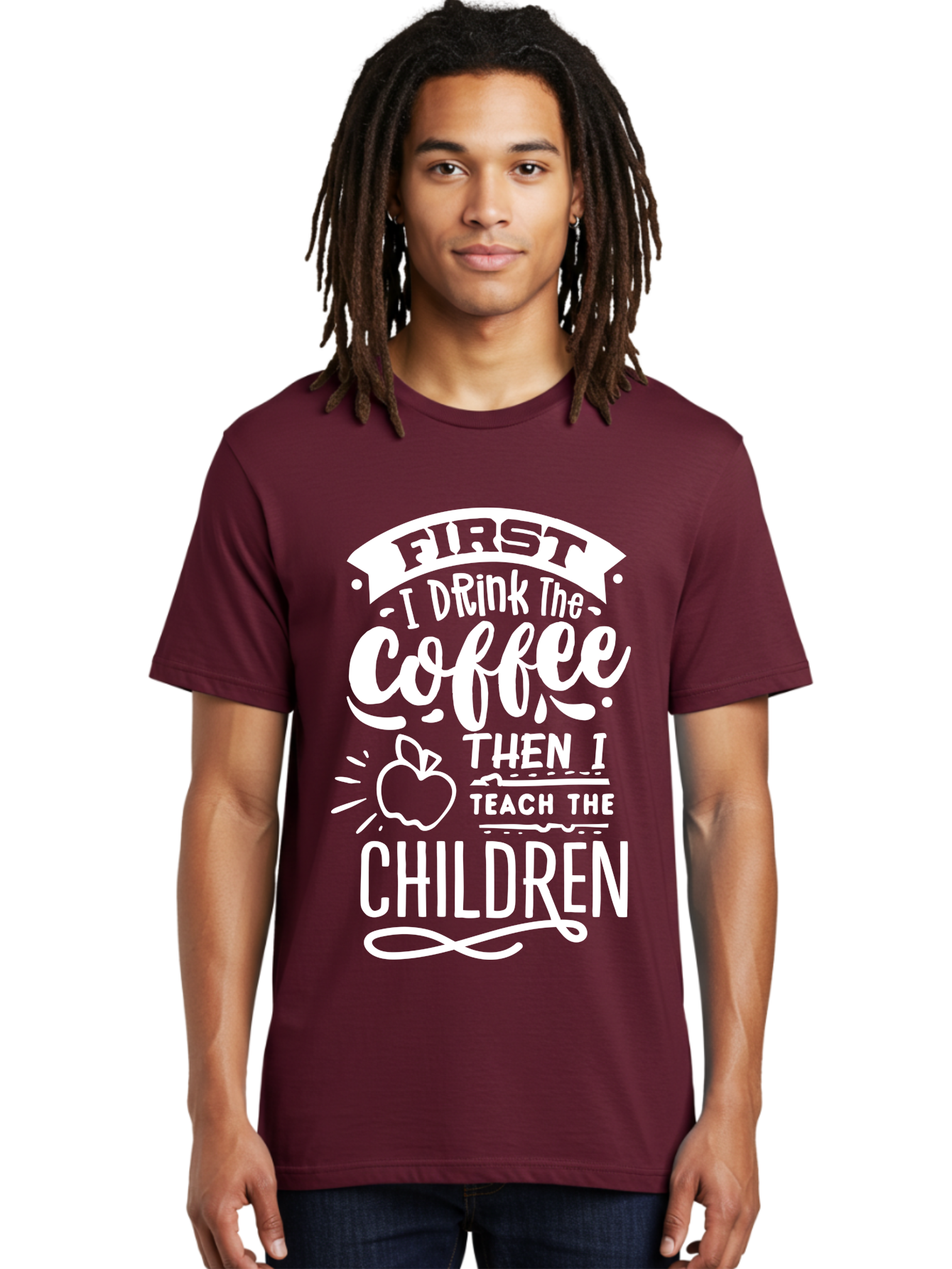 First-I-Drink-Coffee-Then-I-Teach-Children Men'S Graphic Tee, 100% Cotton, Comfortable Casual Summer Wear, Machine Washable, Funny Teacher Quotes, Coffee Lover, Teaching Humor, Education Profession, Morning Motivation, Apple Illustration, Aab330