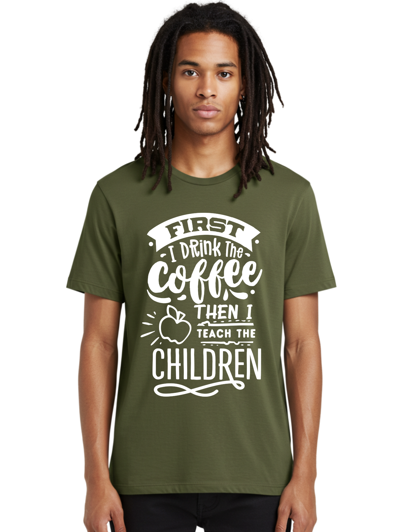 First-I-Drink-Coffee-Then-I-Teach-Children Men'S Graphic Tee, 100% Cotton, Comfortable Casual Summer Wear, Machine Washable, Funny Teacher Quotes, Coffee Lover, Teaching Humor, Education Profession, Morning Motivation, Apple Illustration, Aab330