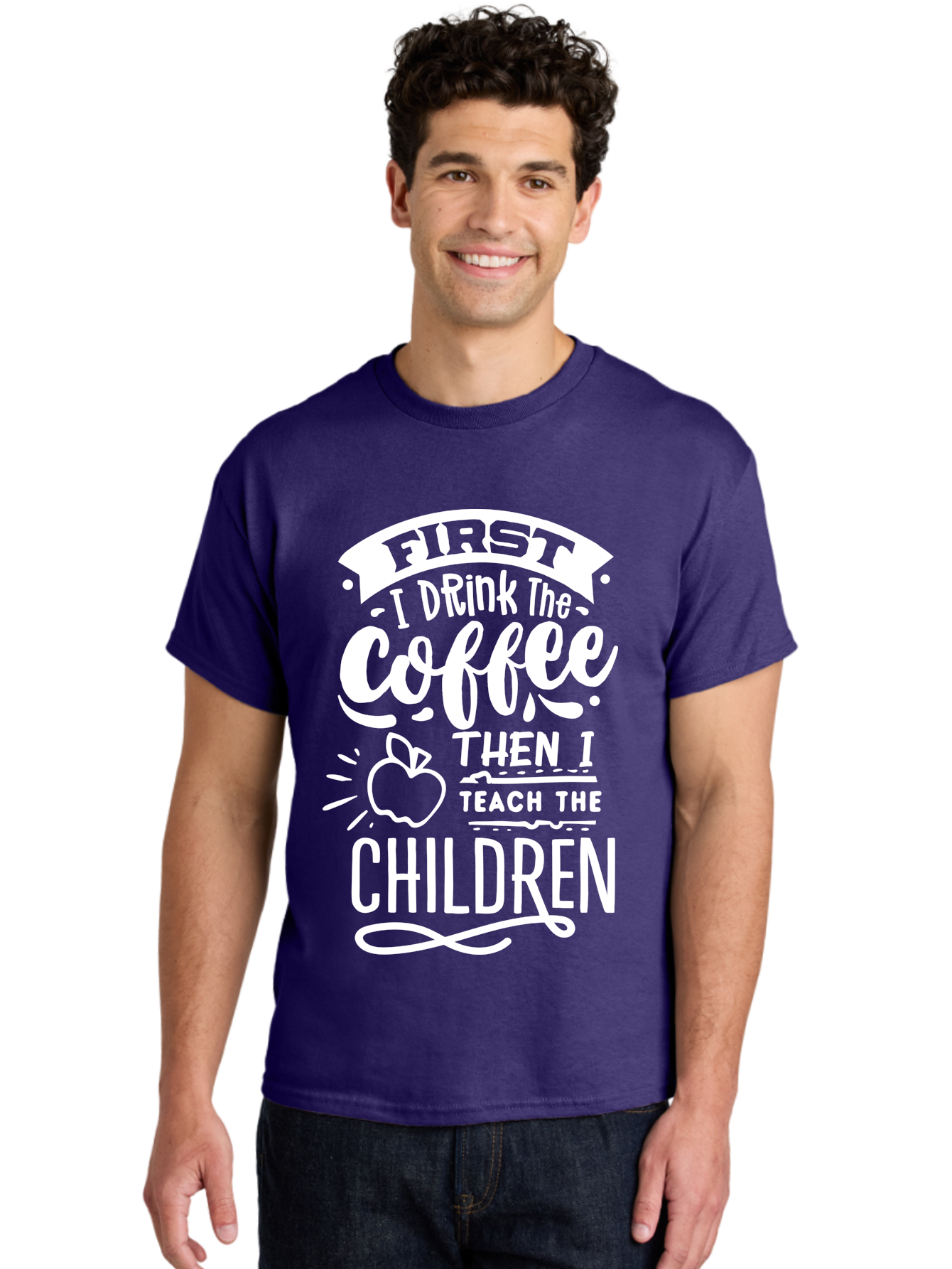 First-I-Drink-Coffee-Then-I-Teach-Children Men'S Graphic Tee, 100% Cotton, Comfortable Casual Summer Wear, Machine Washable, Funny Teacher Quotes, Coffee Lover, Teaching Humor, Education Profession, Morning Motivation, Apple Illustration, Aab330