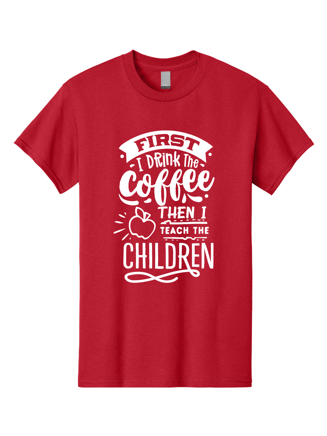 First-I-Drink-Coffee-Then-I-Teach-Children Men'S Graphic Tee, 100% Cotton, Comfortable Casual Summer Wear, Machine Washable, Funny Teacher Quotes, Coffee Lover, Teaching Humor, Education Profession, Morning Motivation, Apple Illustration, Aab330