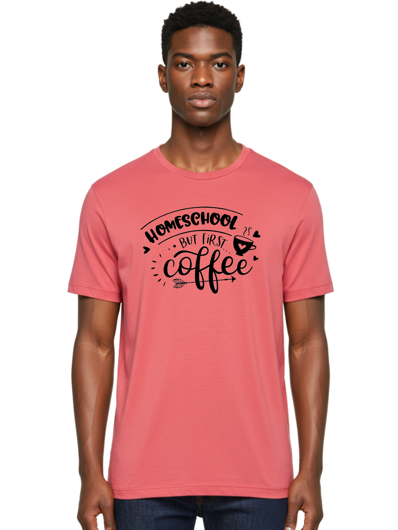 Homeschool-But-First-Coffee-1 Men'S Graphic Tee, 100% Cotton, Comfortable Casual Summer Wear, Machine Washable, Homeschool Humor, Coffee Lover, Morning Motivation, Homeschooling Parents, Funny Quote, Coffee First, Education At Home, Aab334