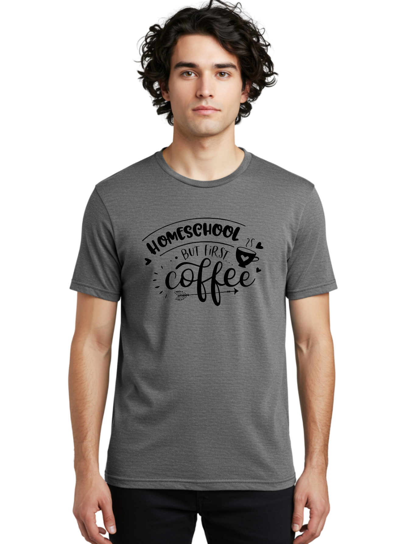 Homeschool-But-First-Coffee-1 Men'S Graphic Tee, 100% Cotton, Comfortable Casual Summer Wear, Machine Washable, Homeschool Humor, Coffee Lover, Morning Motivation, Homeschooling Parents, Funny Quote, Coffee First, Education At Home, Aab334