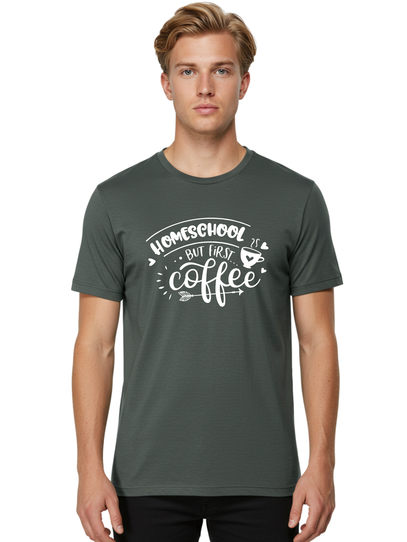 Homeschool-But-First-Coffee Men'S Graphic Tee, 100% Cotton, Comfortable Casual Summer Wear, Machine Washable, Homeschool Humor, Coffee Lover, Homeschooling Parents, Funny Quote, Morning Motivation, Coffee Fueled, Parenting Life, Aab335