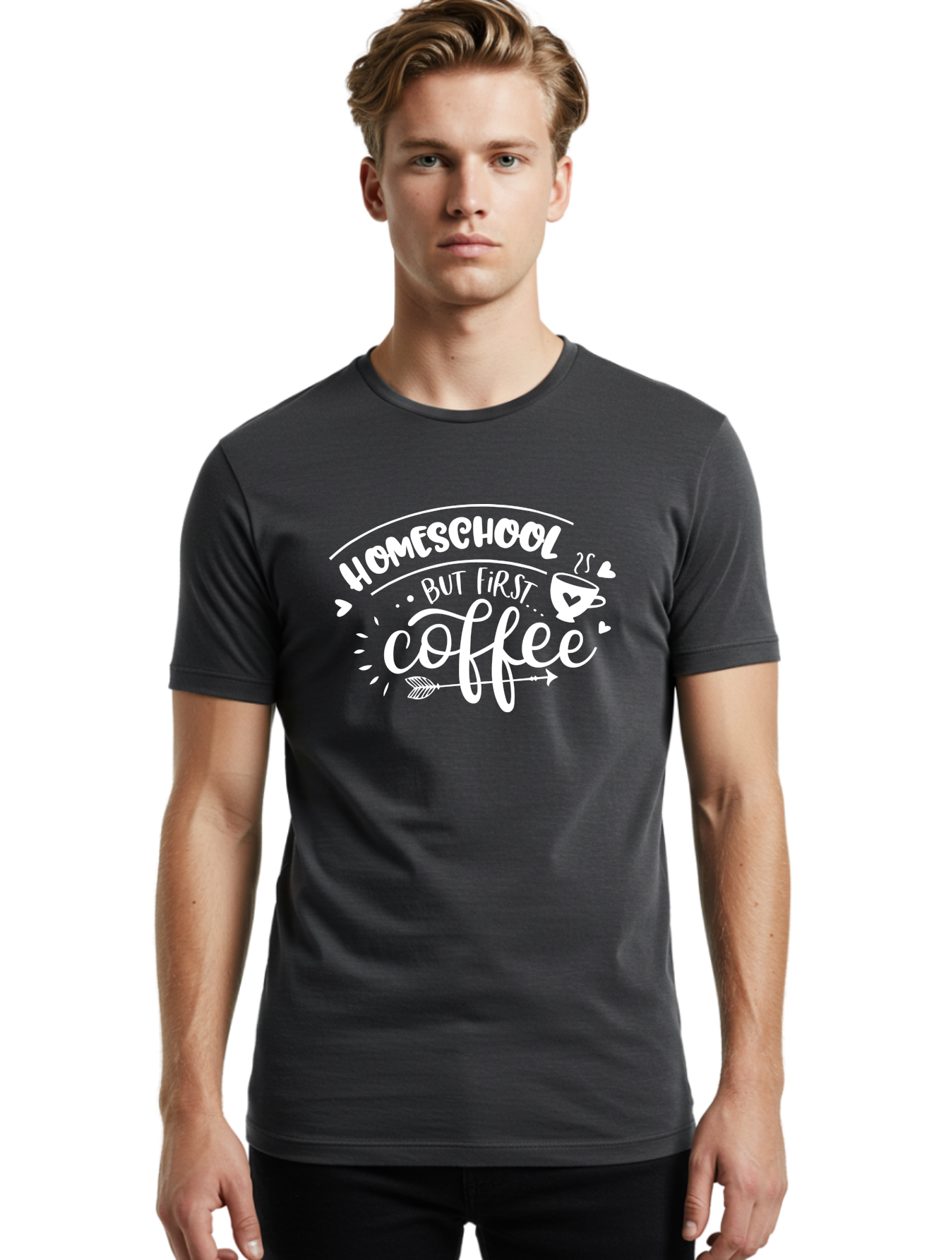 Homeschool-But-First-Coffee Men'S Graphic Tee, 100% Cotton, Comfortable Casual Summer Wear, Machine Washable, Homeschool Humor, Coffee Lover, Homeschooling Parents, Funny Quote, Morning Motivation, Coffee Fueled, Parenting Life, Aab335