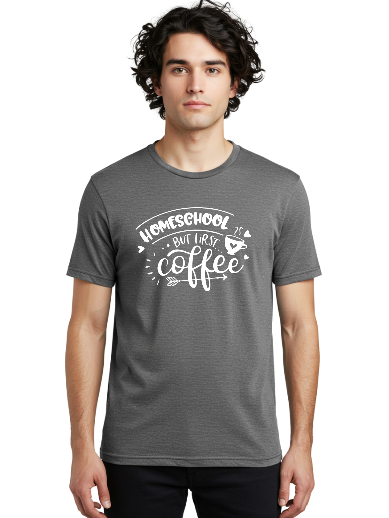 Homeschool-But-First-Coffee Men'S Graphic Tee, 100% Cotton, Comfortable Casual Summer Wear, Machine Washable, Homeschool Humor, Coffee Lover, Homeschooling Parents, Funny Quote, Morning Motivation, Coffee Fueled, Parenting Life, Aab335