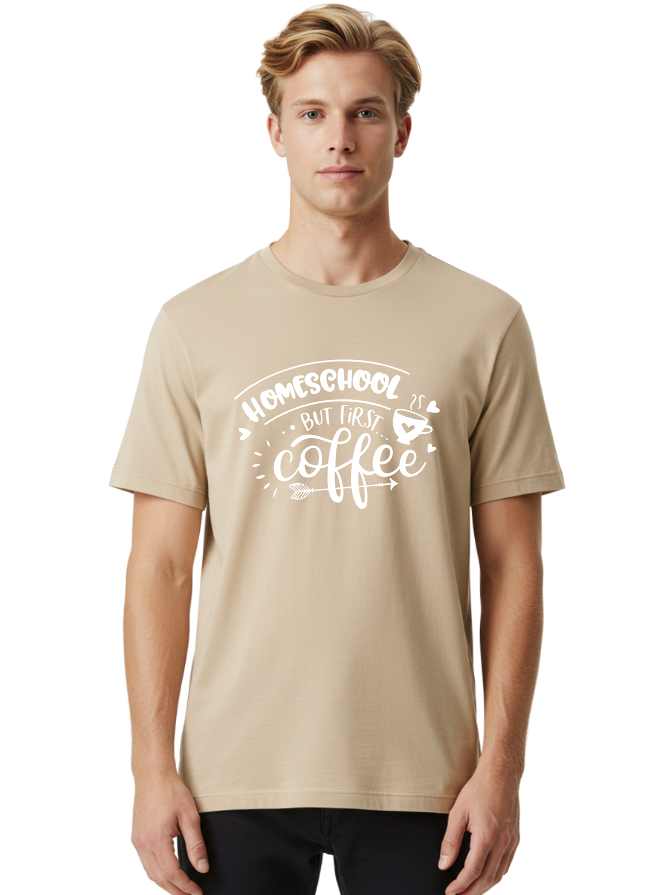 Homeschool-But-First-Coffee Men'S Graphic Tee, 100% Cotton, Comfortable Casual Summer Wear, Machine Washable, Homeschool Humor, Coffee Lover, Homeschooling Parents, Funny Quote, Morning Motivation, Coffee Fueled, Parenting Life, Aab335
