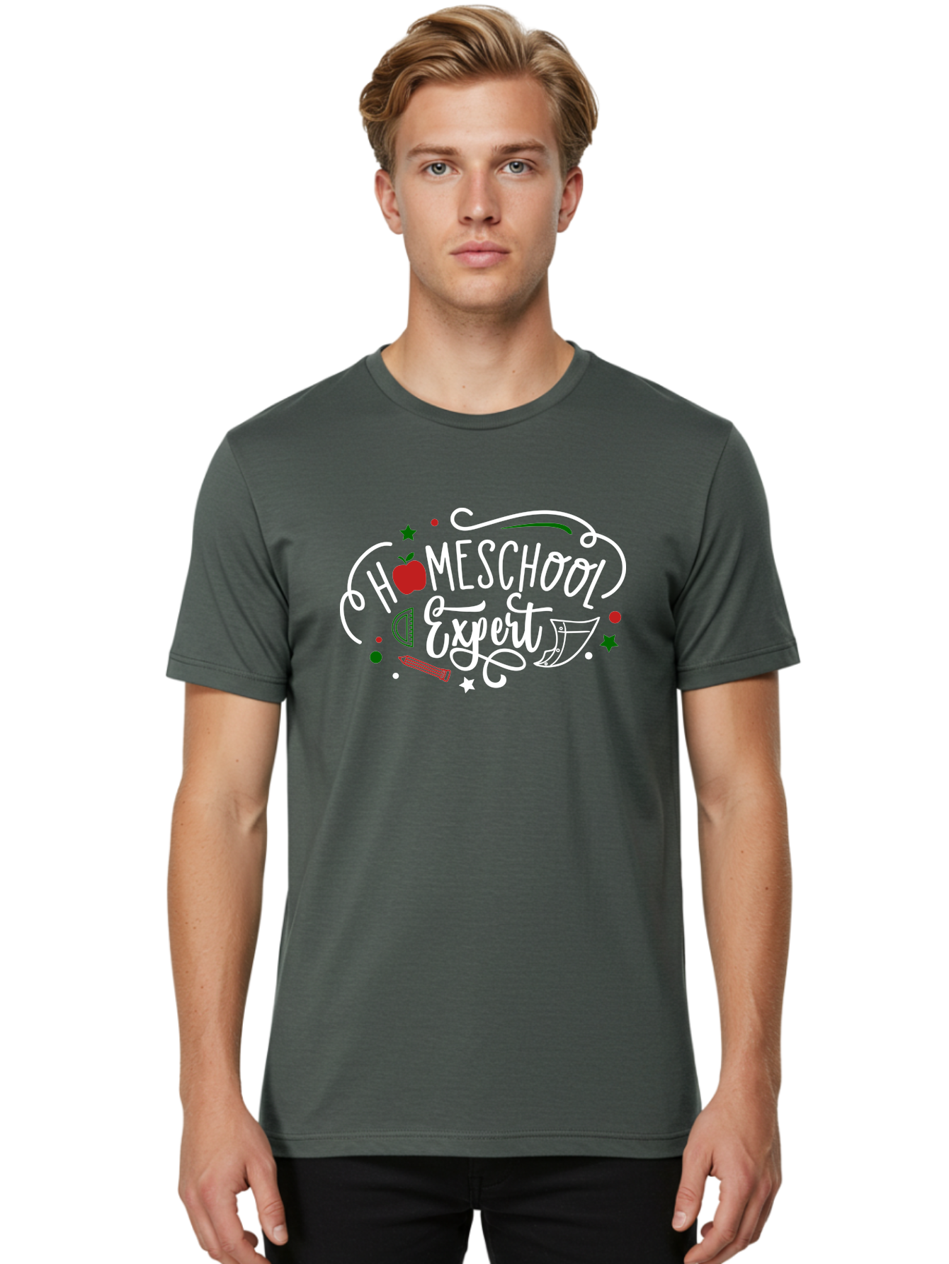Homeschool-Expert-2 Men'S Graphic Tee, 100% Cotton, Comfortable Casual Summer Wear, Machine Washable, Homeschooling, Education, Learning, Teaching, Apple, Pencil, Ruler, Education Expert, Homeschool Expert, Online Learning, Aab337