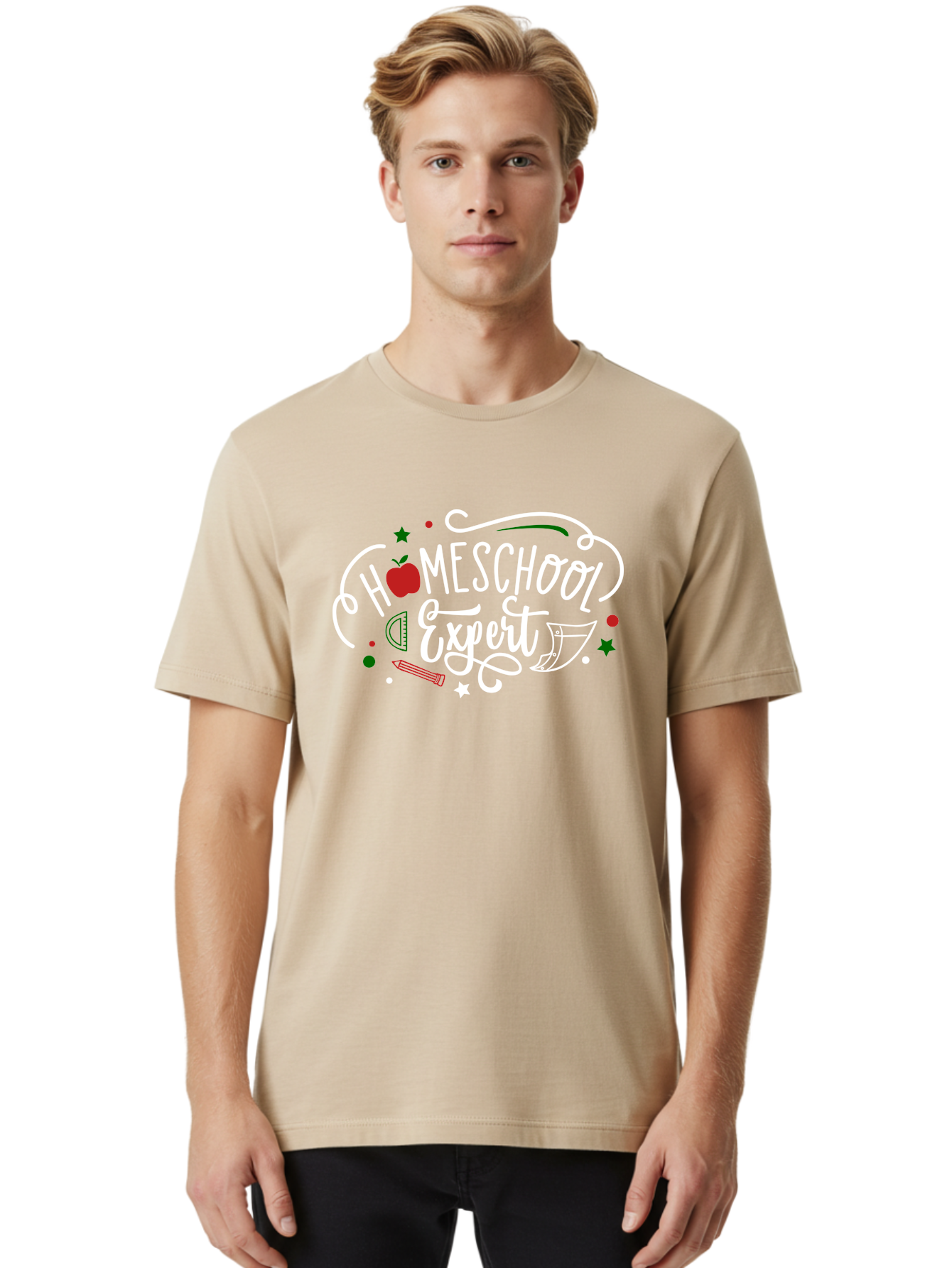 Homeschool-Expert-2 Men'S Graphic Tee, 100% Cotton, Comfortable Casual Summer Wear, Machine Washable, Homeschooling, Education, Learning, Teaching, Apple, Pencil, Ruler, Education Expert, Homeschool Expert, Online Learning, Aab337