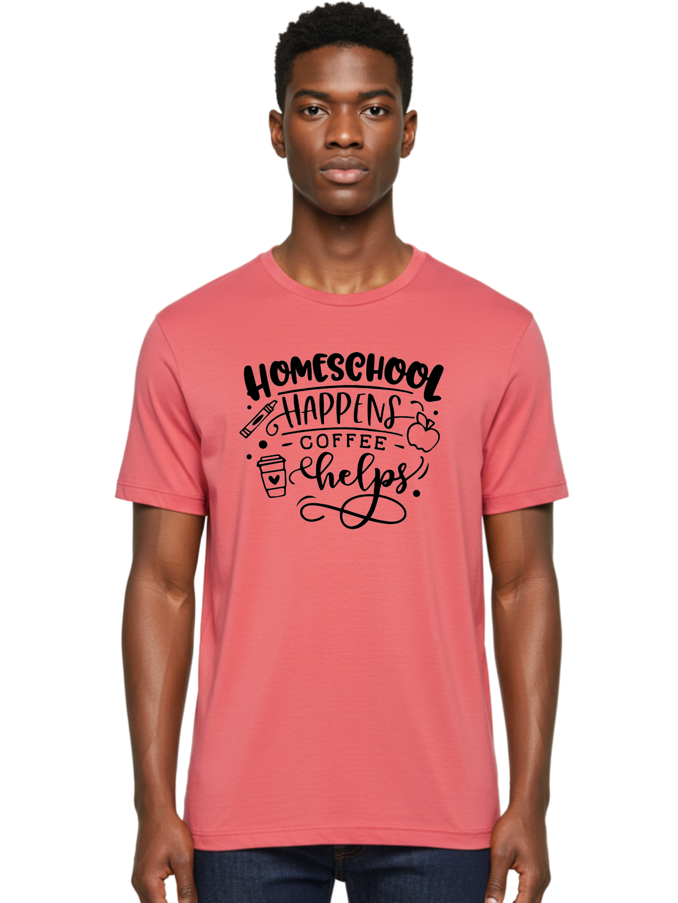 Homeschool-Happens-Coffee-Helps-1 Men'S Graphic Tee, 100% Cotton, Comfortable Casual Summer Wear, Machine Washable, Homeschooling, Coffee Culture, Educational Quotes, Inspirational Sayings, Homeschool Parents, Coffee Lovers, Funny Quotes, Aab340
