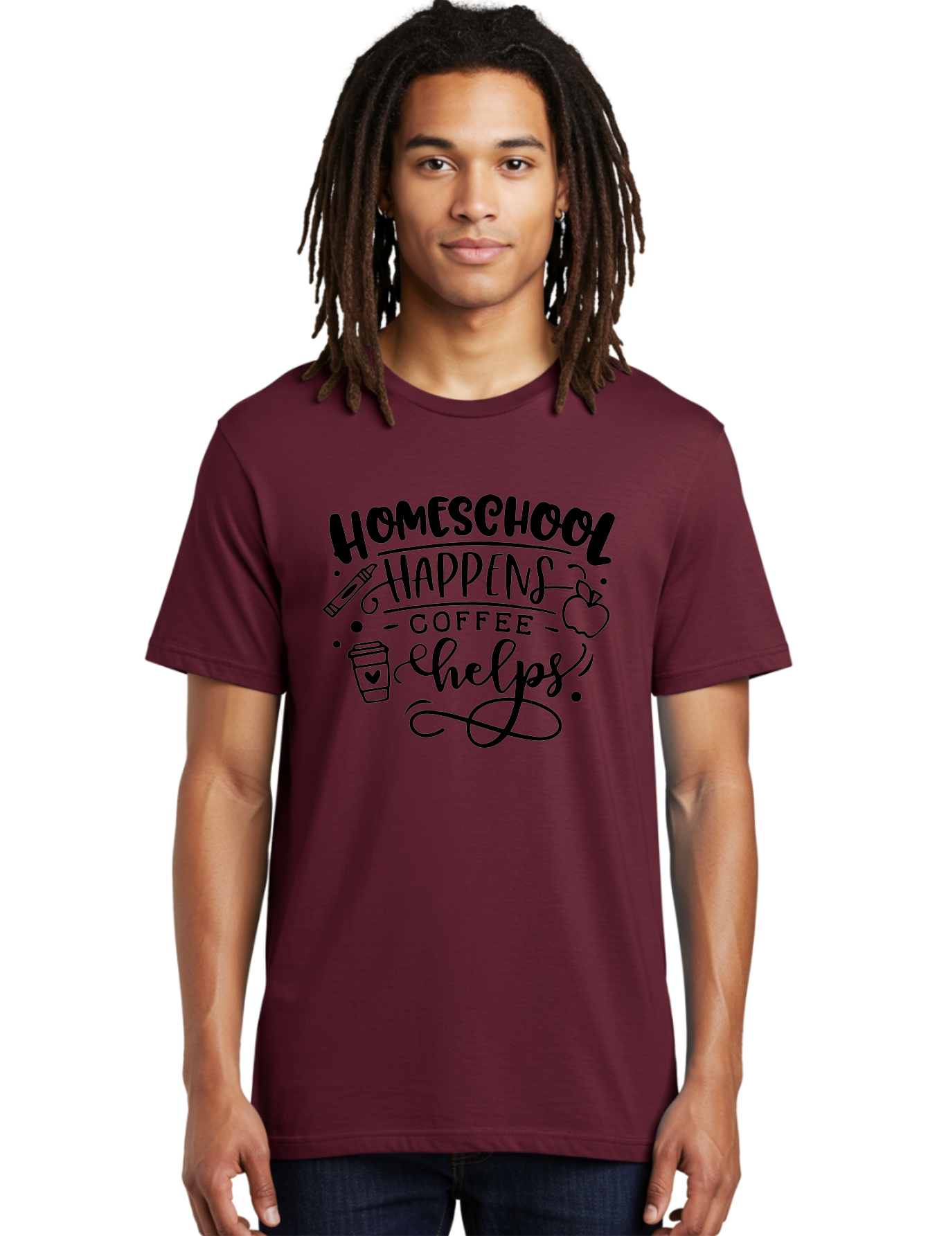 Homeschool-Happens-Coffee-Helps-1 Men'S Graphic Tee, 100% Cotton, Comfortable Casual Summer Wear, Machine Washable, Homeschooling, Coffee Culture, Educational Quotes, Inspirational Sayings, Homeschool Parents, Coffee Lovers, Funny Quotes, Aab340