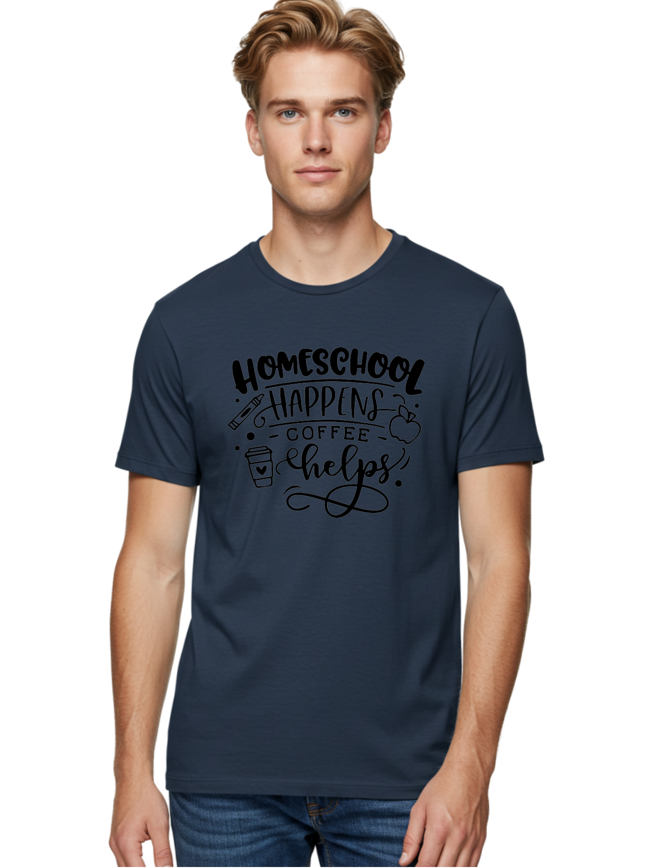 Homeschool-Happens-Coffee-Helps-1 Men'S Graphic Tee, 100% Cotton, Comfortable Casual Summer Wear, Machine Washable, Homeschooling, Coffee Culture, Educational Quotes, Inspirational Sayings, Homeschool Parents, Coffee Lovers, Funny Quotes, Aab340