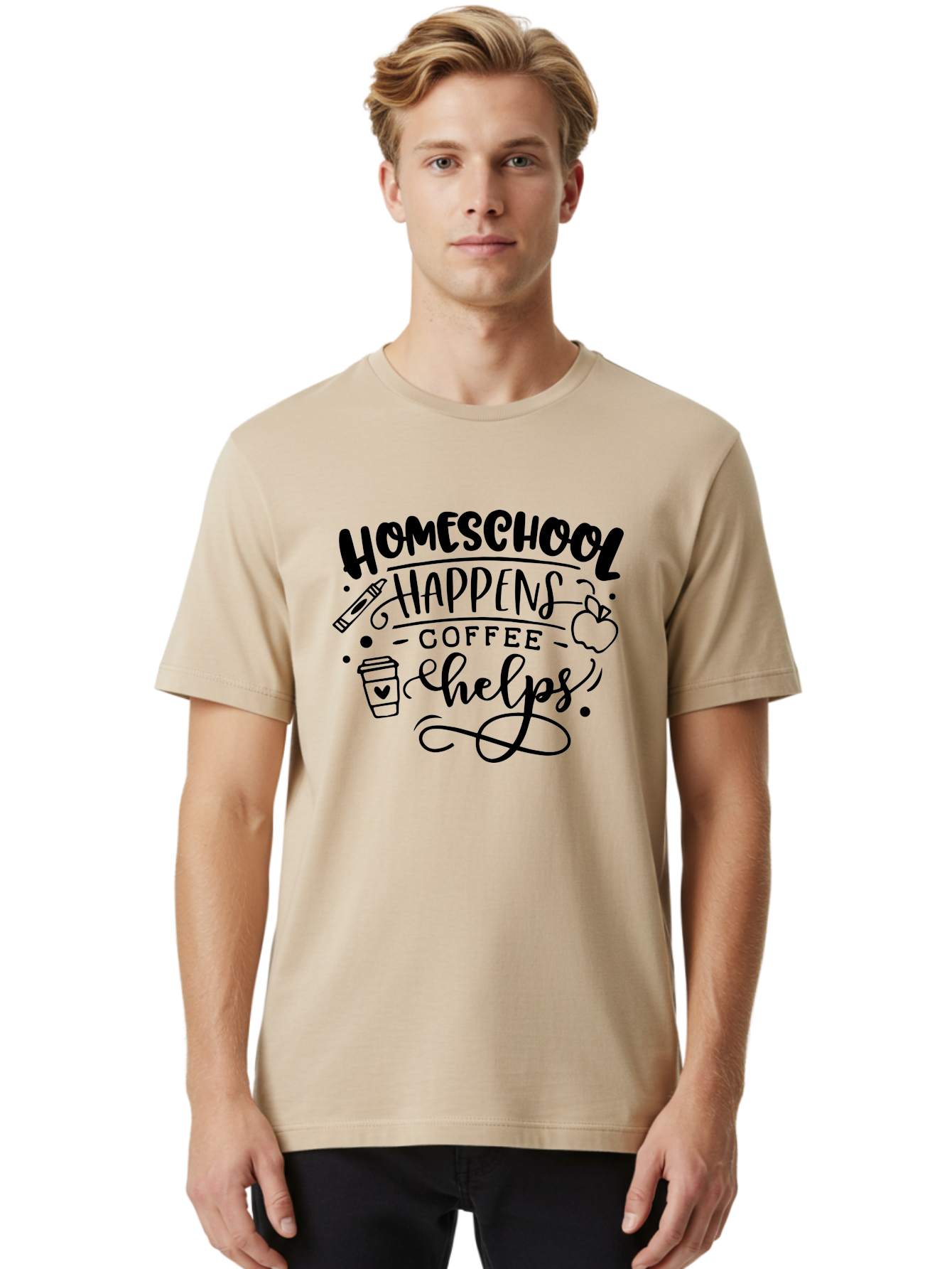 Homeschool-Happens-Coffee-Helps-1 Men'S Graphic Tee, 100% Cotton, Comfortable Casual Summer Wear, Machine Washable, Homeschooling, Coffee Culture, Educational Quotes, Inspirational Sayings, Homeschool Parents, Coffee Lovers, Funny Quotes, Aab340