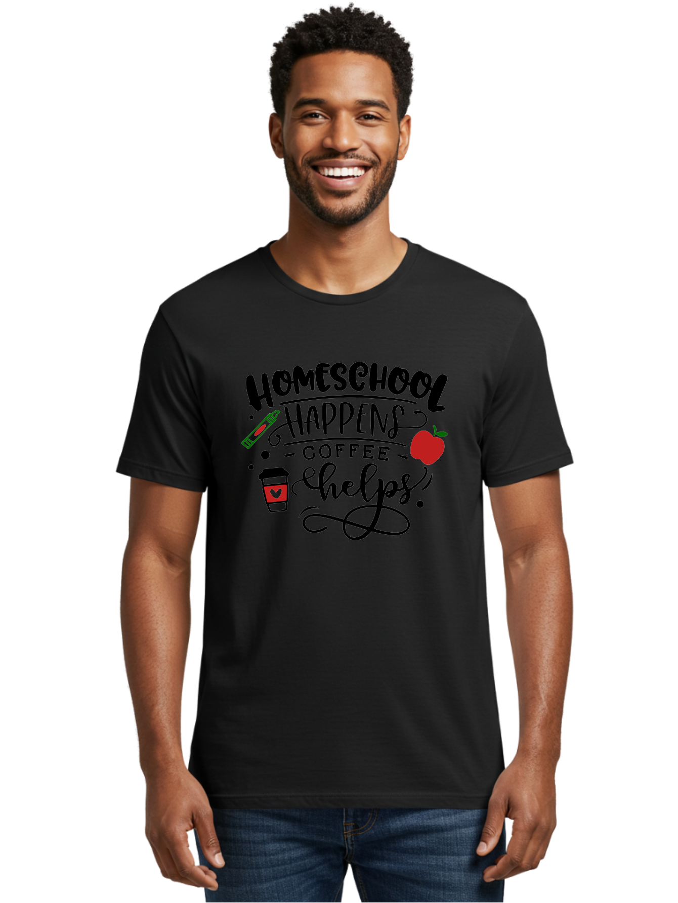 Homeschool-Happens-Coffee-Helps Men'S Graphic Tee, 100% Cotton, Comfortable Casual Summer Wear, Machine Washable, Homeschool, Coffee Lover, Homeschooling, Coffee Fuel, Education, Teaching, Learning, Coffee Break, Homeschool Mom, Funny Quote Aab341