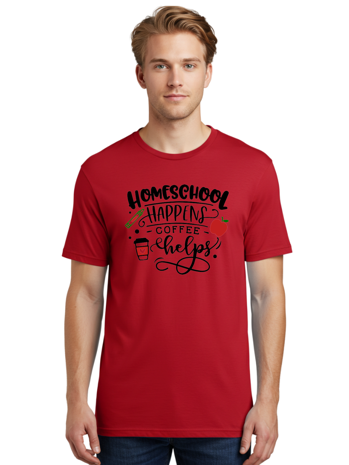 Homeschool-Happens-Coffee-Helps Men'S Graphic Tee, 100% Cotton, Comfortable Casual Summer Wear, Machine Washable, Homeschool, Coffee Lover, Homeschooling, Coffee Fuel, Education, Teaching, Learning, Coffee Break, Homeschool Mom, Funny Quote Aab341