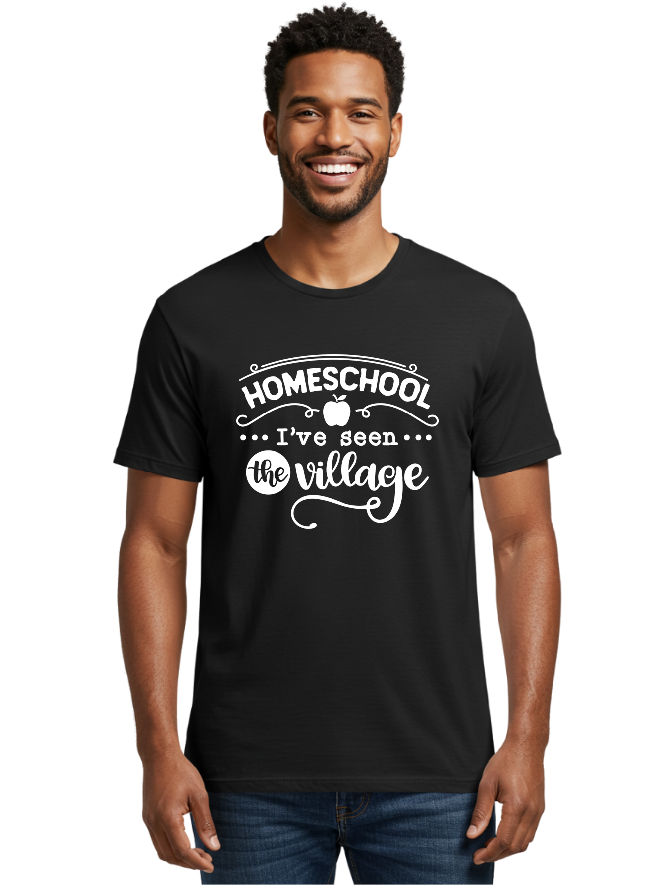 Homeschool-I-Ve-Seen-The-Village-1 Men'S Graphic Tee, 100% Cotton, Comfortable Casual Summer Wear, Machine Washable, Homeschool, Village, Inspirational Quote, Apple Symbol, Education, Learning, Alternative Schooling, Personalized Learning, Aab342