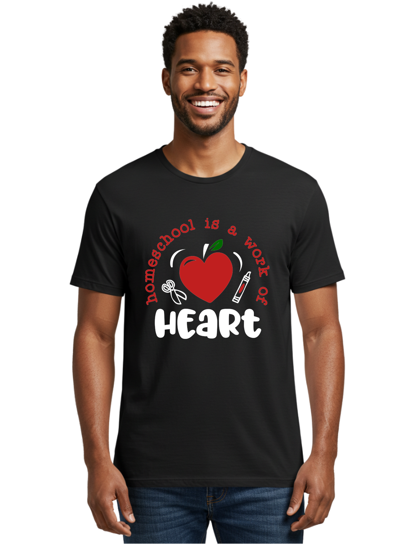 Homeschool-Is-A-Work-Of-Heart-1 Men'S Graphic Tee, 100% Cotton, Comfortable Casual Summer Wear, Machine Washable, Homeschooling, Heart-Shaped Apple, Educational Graphics, School Supplies, Red Crayon, Inspirational Quote, Home Education, Aab346