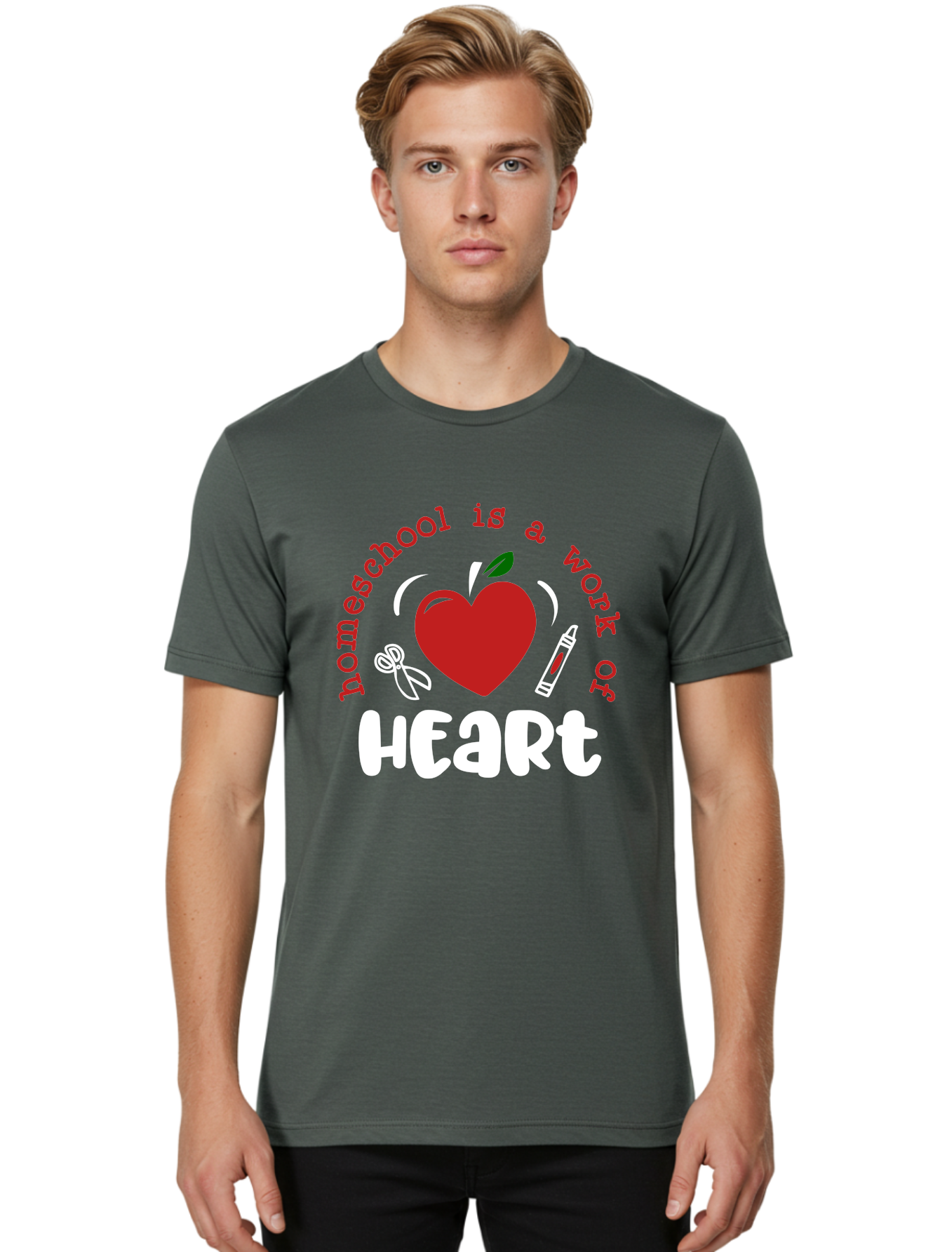 Homeschool-Is-A-Work-Of-Heart-1 Men'S Graphic Tee, 100% Cotton, Comfortable Casual Summer Wear, Machine Washable, Homeschooling, Heart-Shaped Apple, Educational Graphics, School Supplies, Red Crayon, Inspirational Quote, Home Education, Aab346