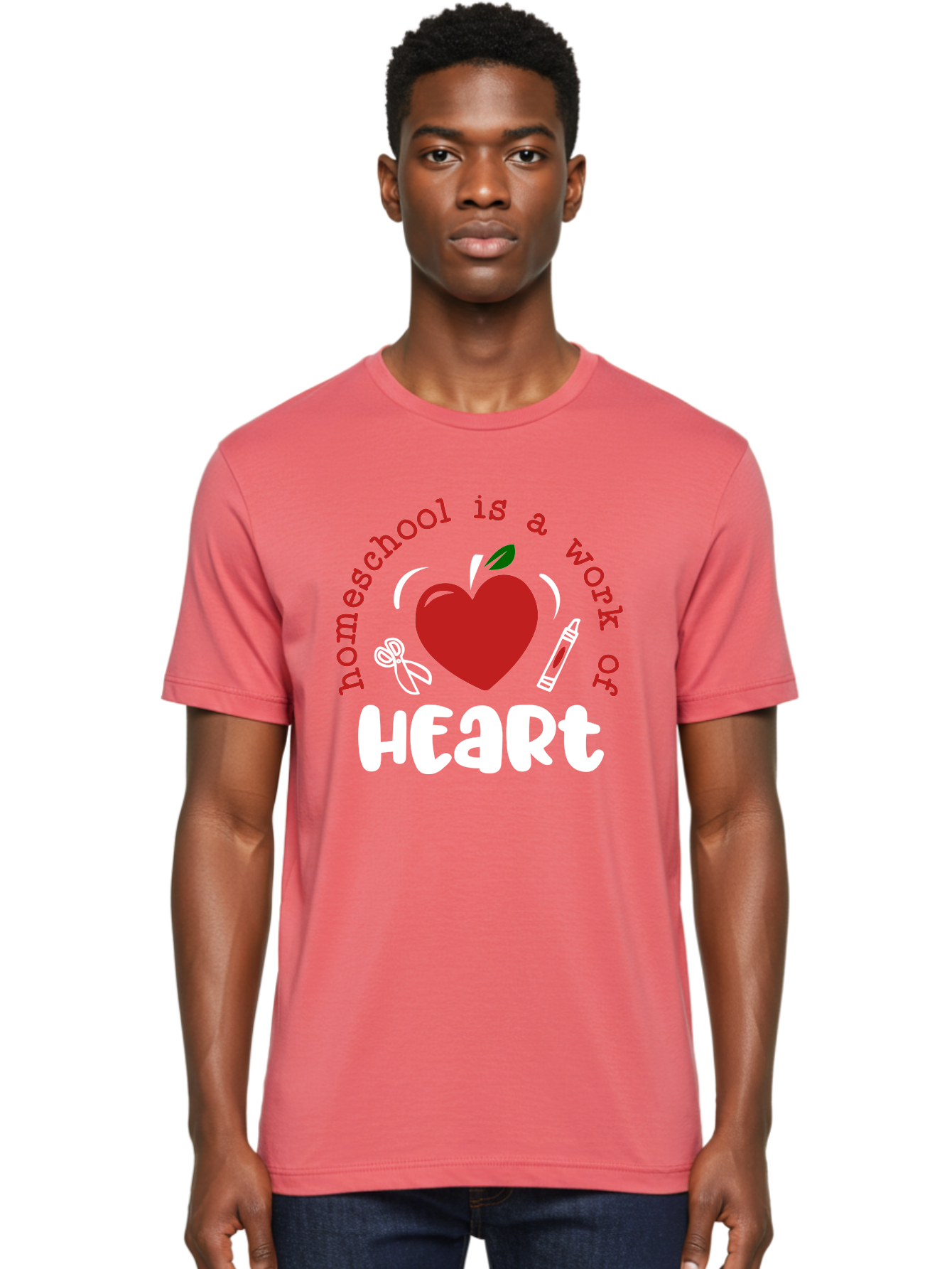 Homeschool-Is-A-Work-Of-Heart-1 Men'S Graphic Tee, 100% Cotton, Comfortable Casual Summer Wear, Machine Washable, Homeschooling, Heart-Shaped Apple, Educational Graphics, School Supplies, Red Crayon, Inspirational Quote, Home Education, Aab346