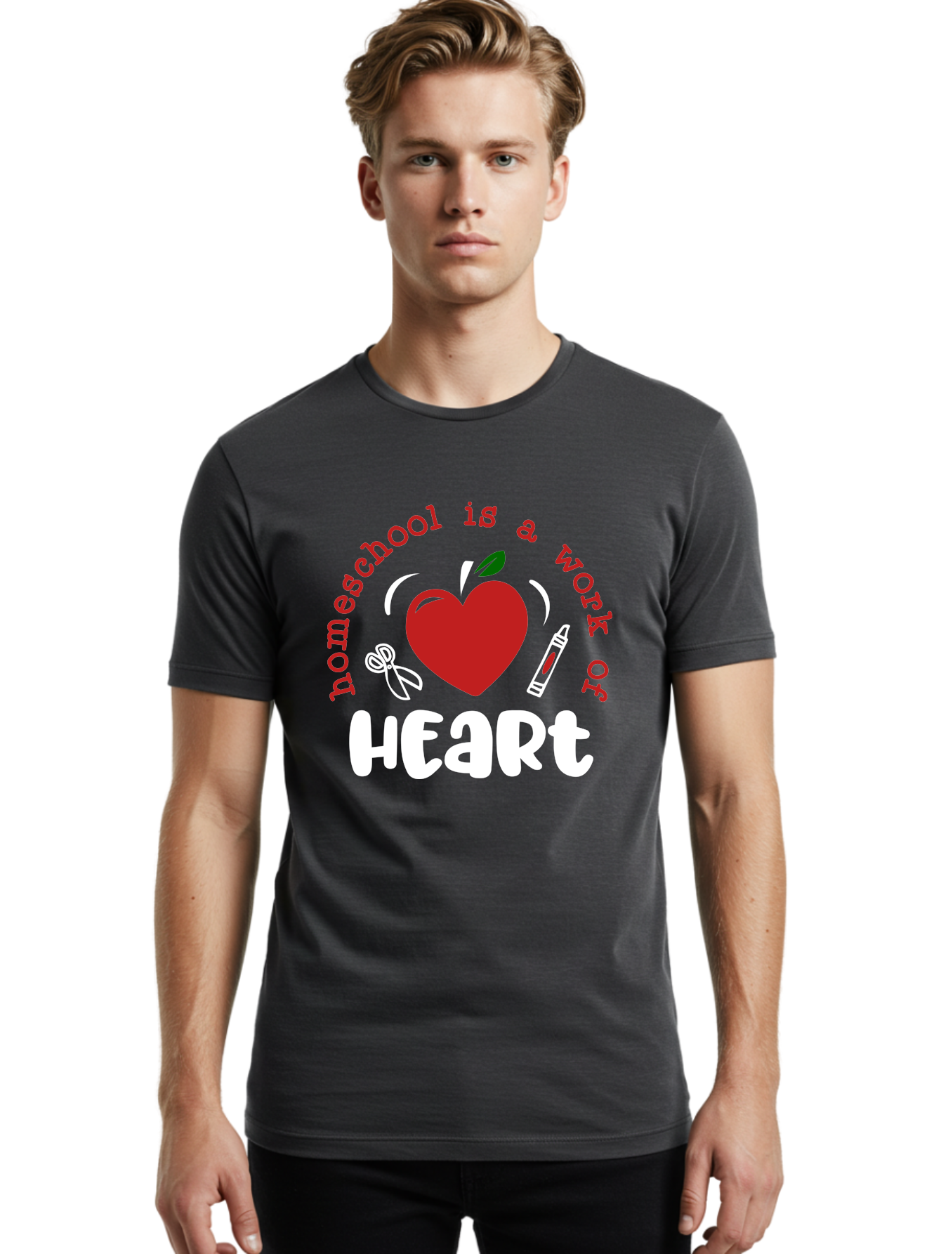 Homeschool-Is-A-Work-Of-Heart-1 Men'S Graphic Tee, 100% Cotton, Comfortable Casual Summer Wear, Machine Washable, Homeschooling, Heart-Shaped Apple, Educational Graphics, School Supplies, Red Crayon, Inspirational Quote, Home Education, Aab346
