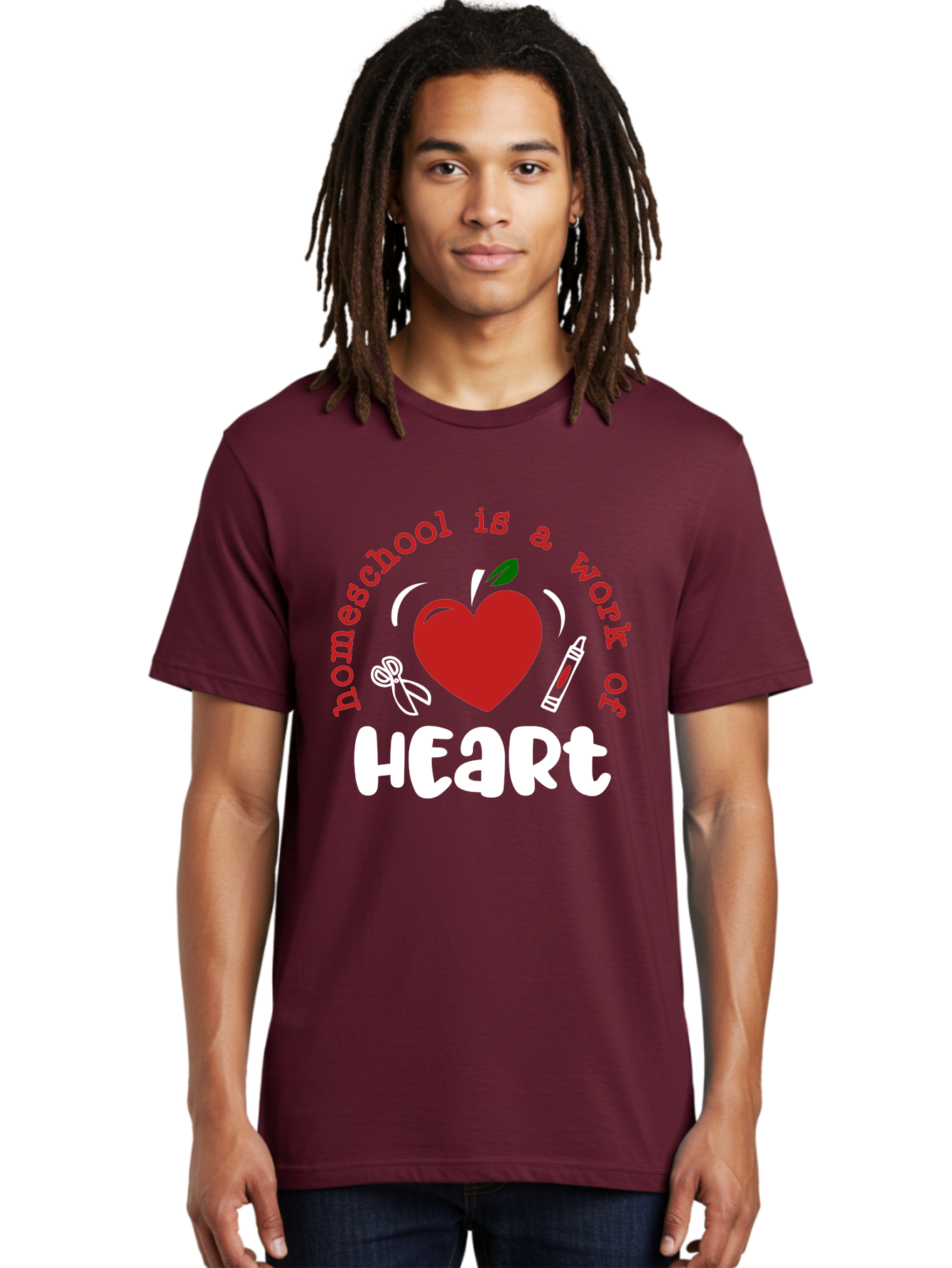 Homeschool-Is-A-Work-Of-Heart-1 Men'S Graphic Tee, 100% Cotton, Comfortable Casual Summer Wear, Machine Washable, Homeschooling, Heart-Shaped Apple, Educational Graphics, School Supplies, Red Crayon, Inspirational Quote, Home Education, Aab346
