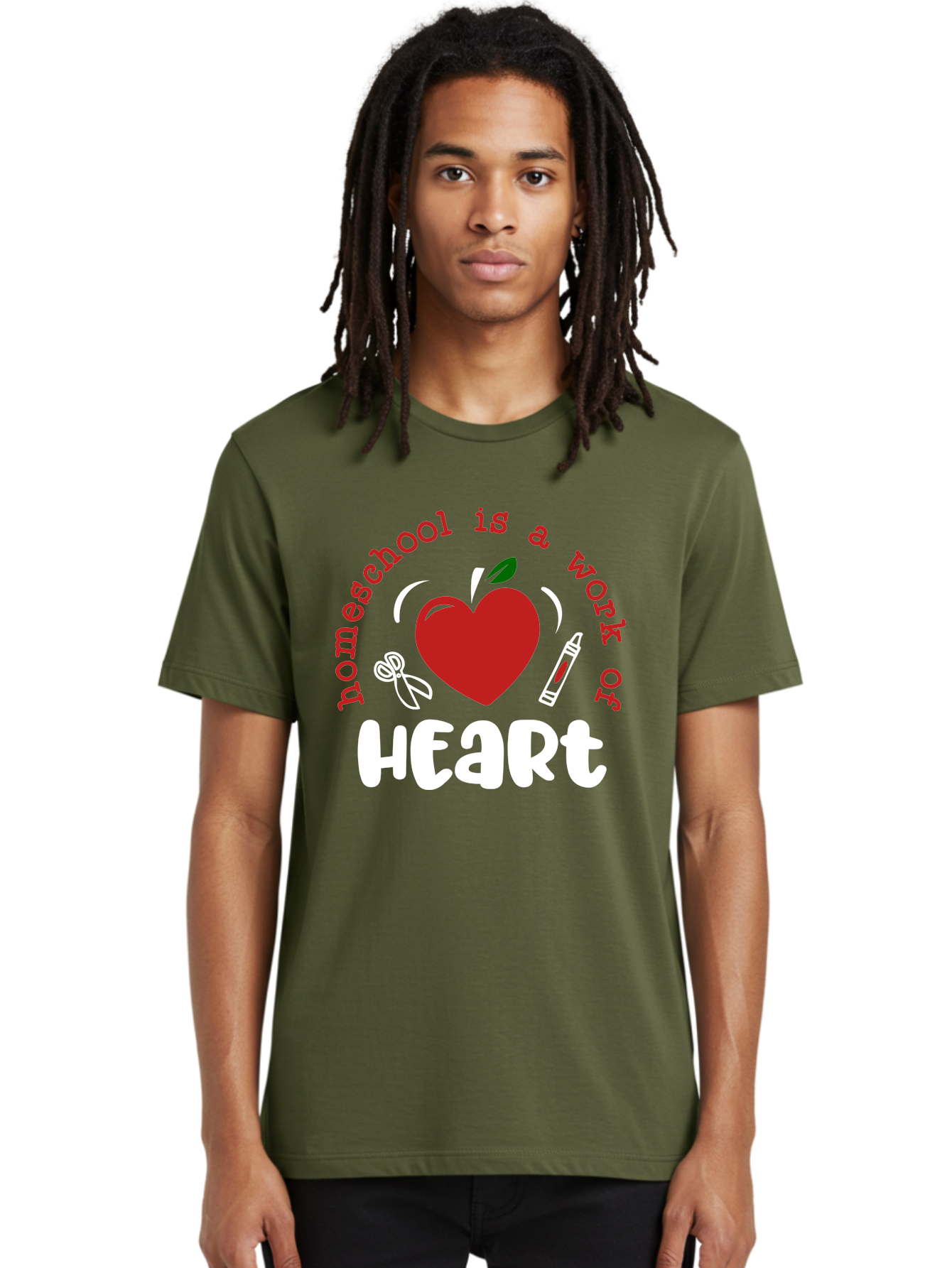 Homeschool-Is-A-Work-Of-Heart-1 Men'S Graphic Tee, 100% Cotton, Comfortable Casual Summer Wear, Machine Washable, Homeschooling, Heart-Shaped Apple, Educational Graphics, School Supplies, Red Crayon, Inspirational Quote, Home Education, Aab346